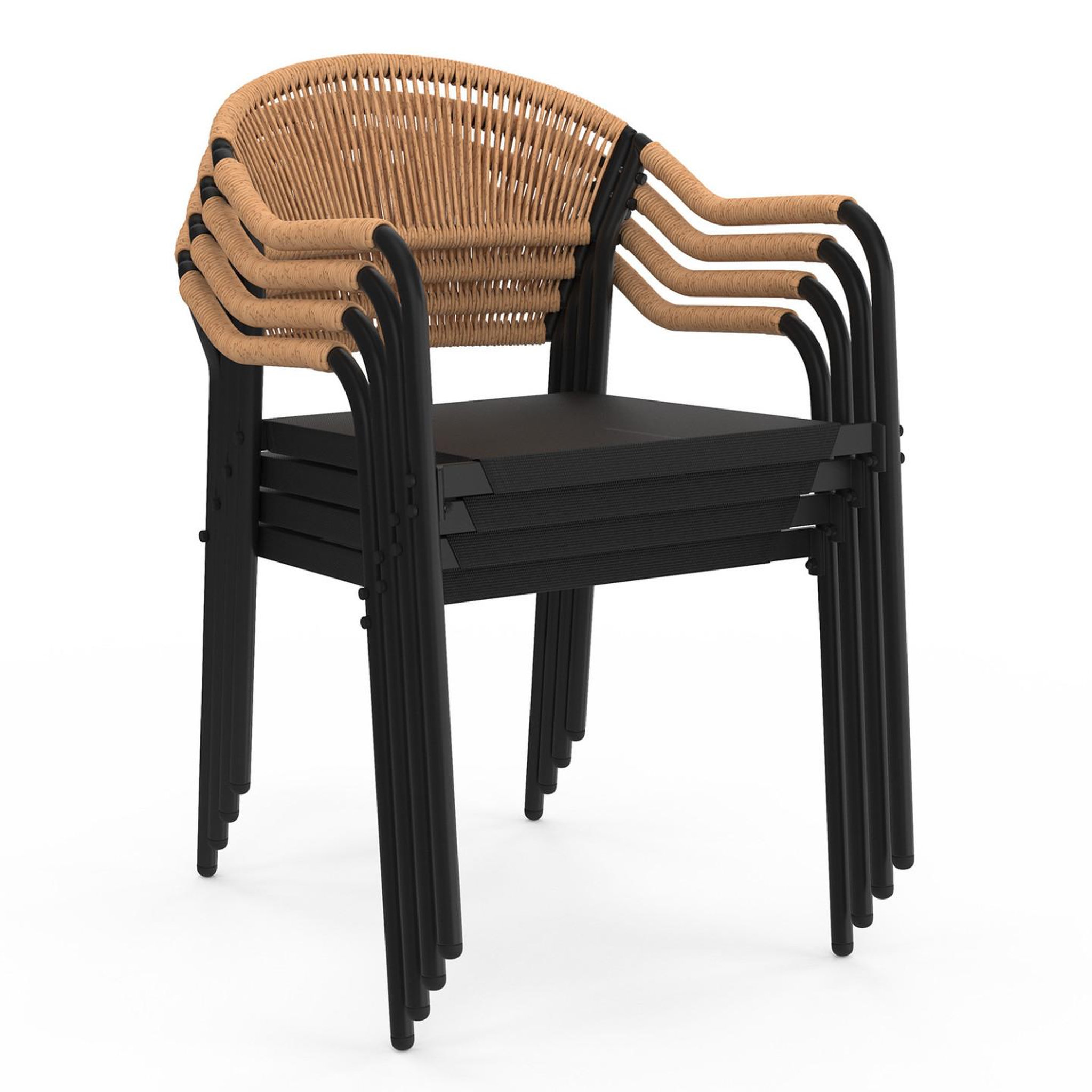 Voir la diapositive 4 : ID MARKET Lot de 4 chaises de jardin MADEIRA métal, cordage et textilène noir et rotin clair