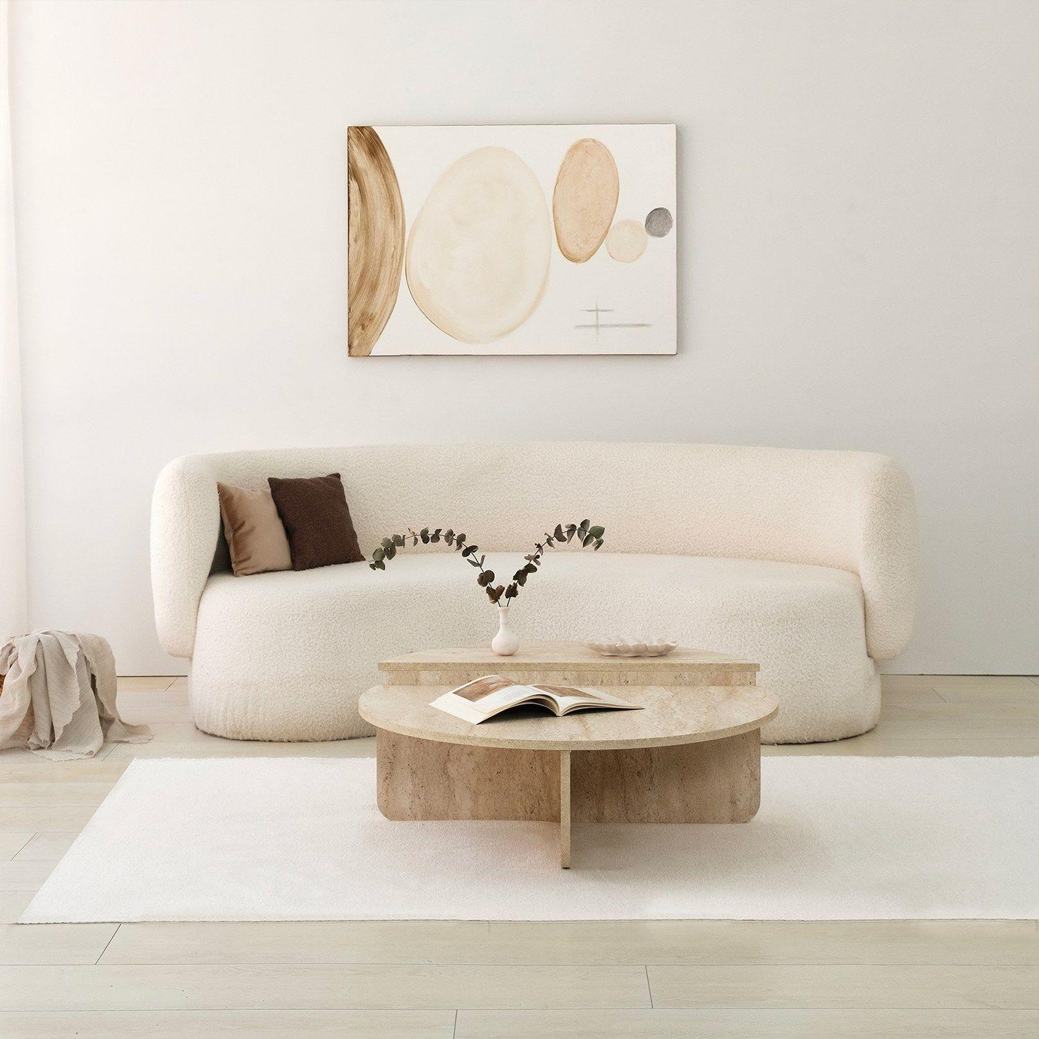 Voir la diapositive 5 : TOILINUX Table basse ronde grand format effet travertin - beige