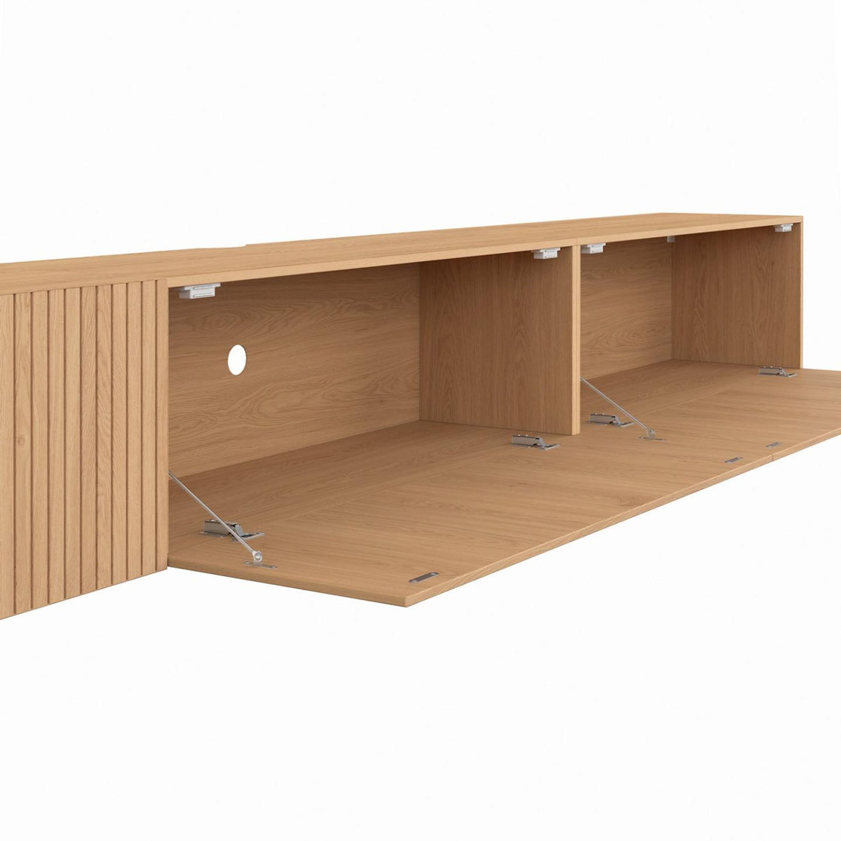 ID MARKET Meuble TV 270 cm suspendu JULIETTE 3 portes lattes tasseau bois coloris chêne