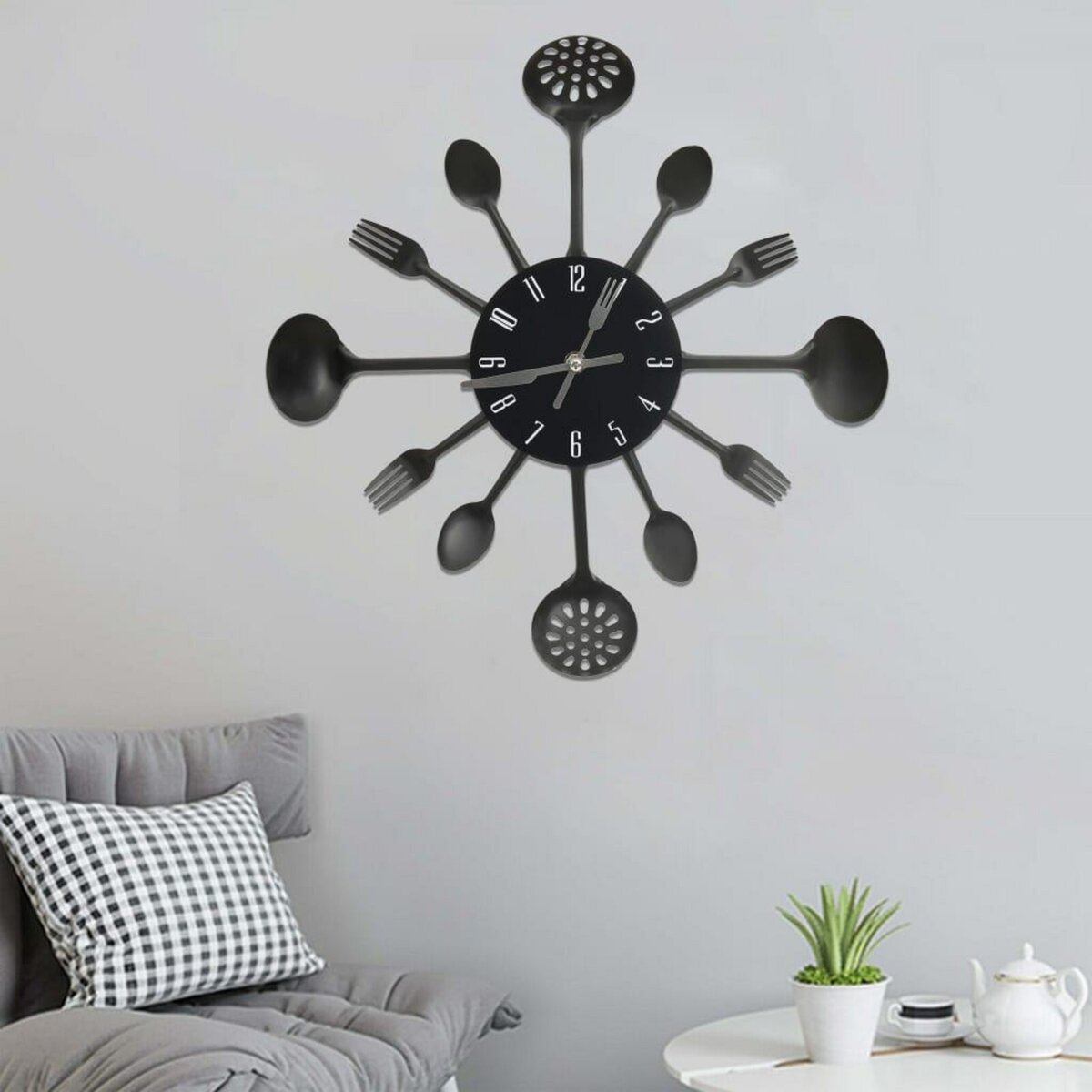 VIDAXL Horloge murale et cuillere avec fourchette Noir 40 cm Aluminium