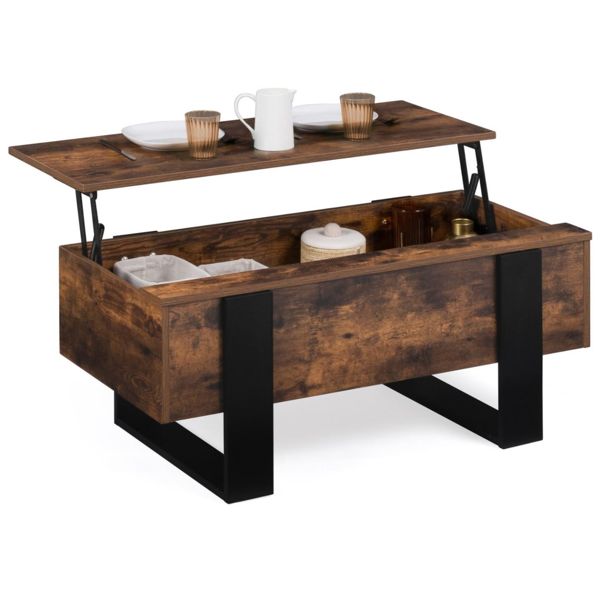 ID MARKET Table basse plateau relevable rectangulaire phoenix bois effet vieilli et noir