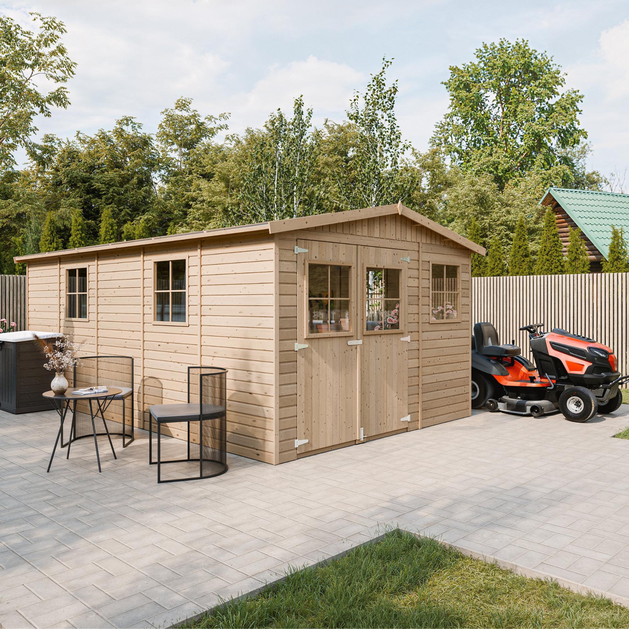 Voir la diapositive 4 : TIMBELA Abri de jardin en bois avec les planchers imprégné H226x324x516 cm/15 m² M337+M337G