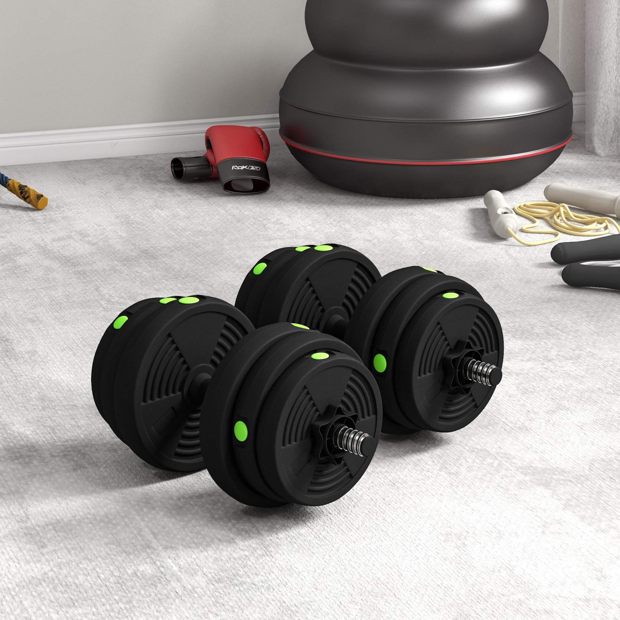 Voir la diapositive 4 : HOMCOM Haltères 2 en 1 réglables - haltères libres 25 kg - barres incluses - entraînement musculaire & haltérophilie - noir vert
