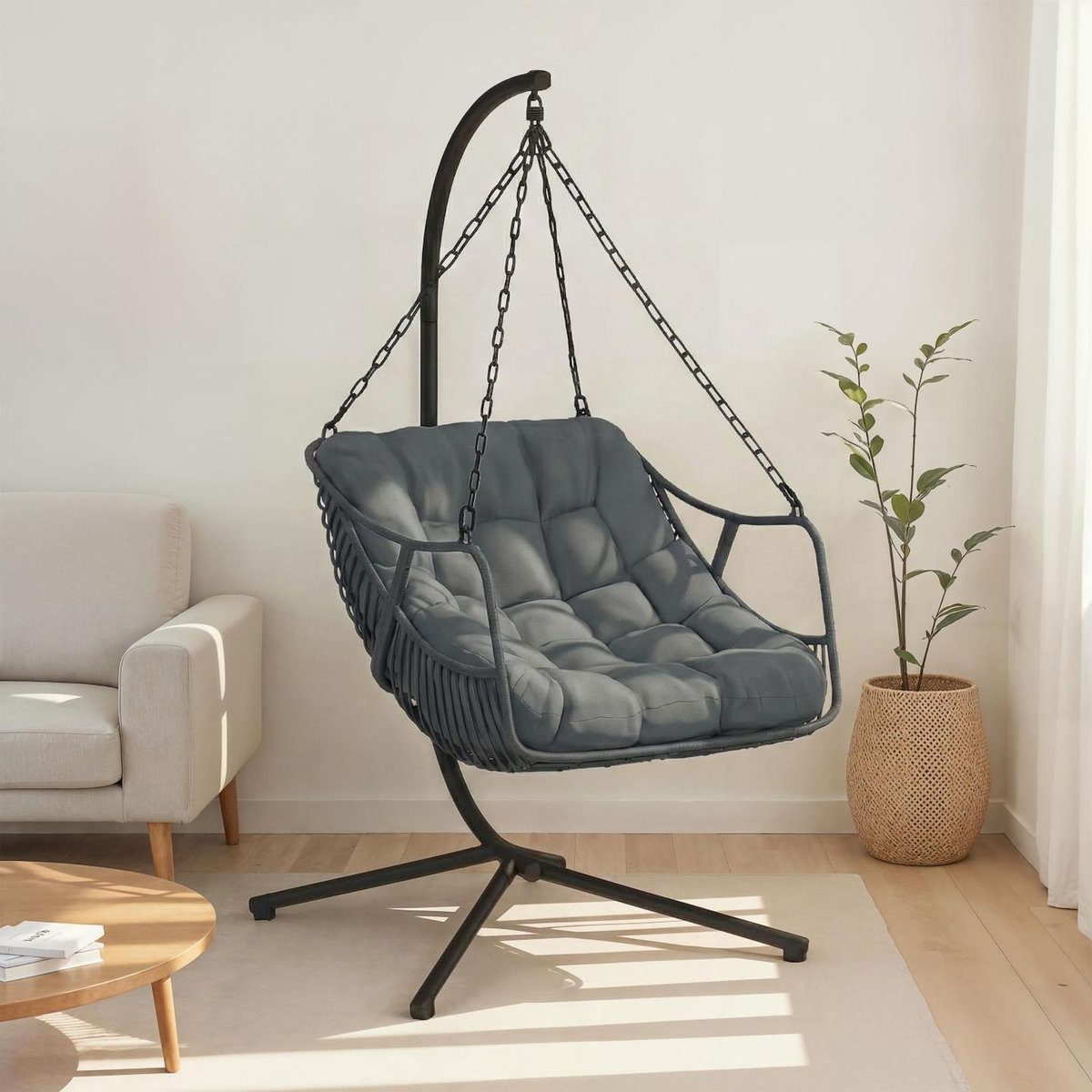 ID MARKET Fauteuil suspendu relax LOA ajouré effet rotin gris avec coussin gris