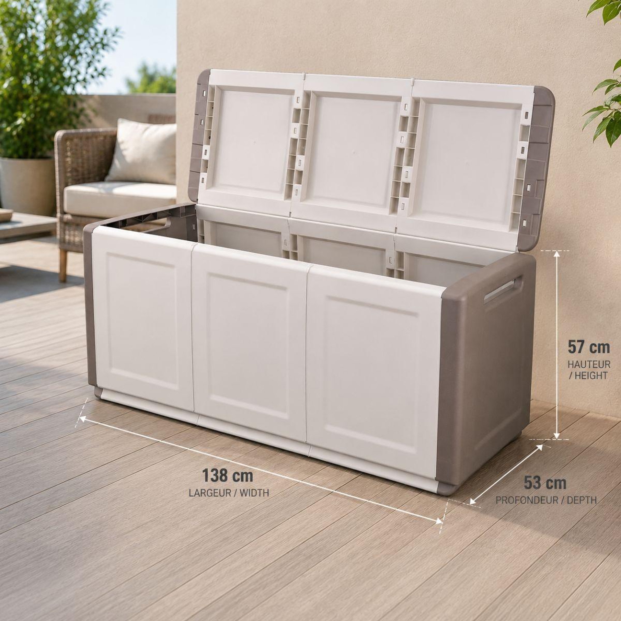 Voir la diapositive 3 : INTEC Coffre de rangement 330L Beige/Taupe 138 x 53 x H57cm Poignées de transport polypropylène INTEC
