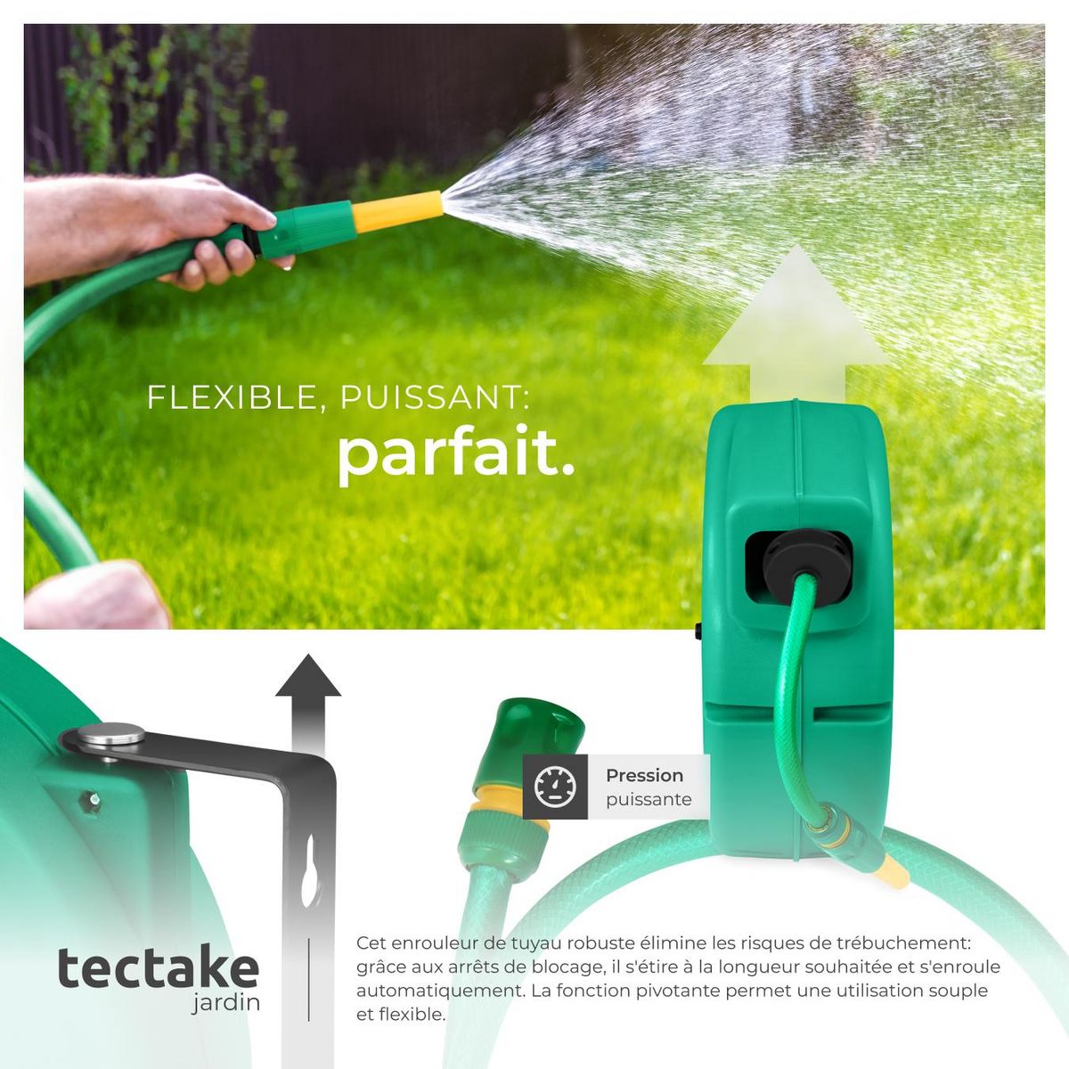 tectake Dévidoir à enroulement automatique pour tuyau d'arrosage avec raccord rapide 1/2 pouce vert