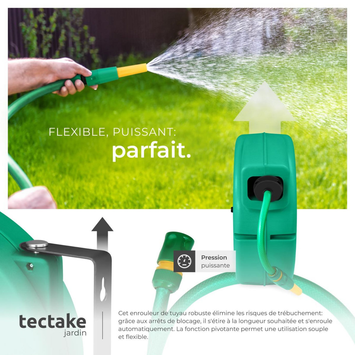 tectake Dévidoir à enroulement automatique pour tuyau d'arrosage avec raccord rapide 1/2 pouce vert