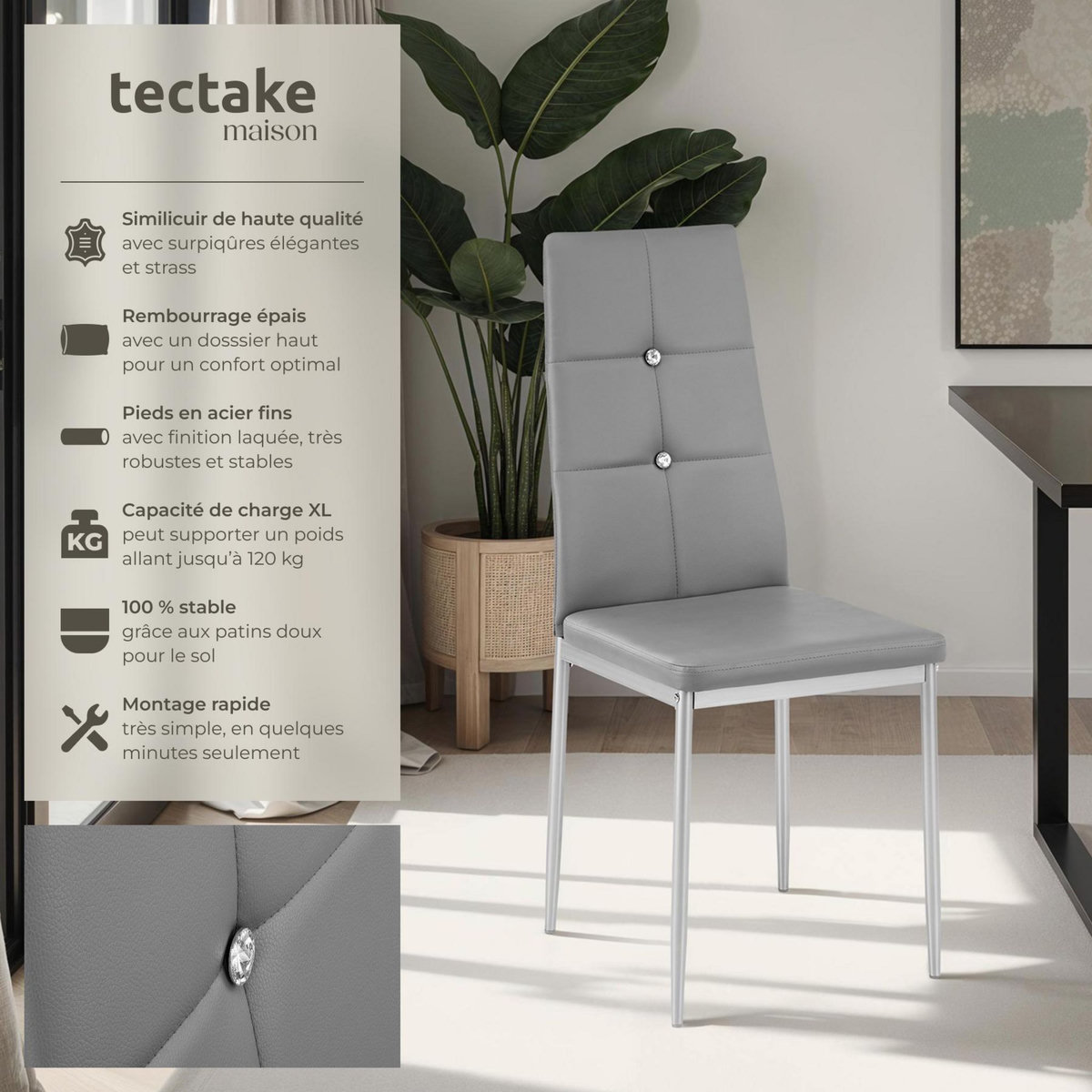 tectake Ensemble de chaises de salle à manger rembourré avec revêtement aspect cuir gris Lot de 6