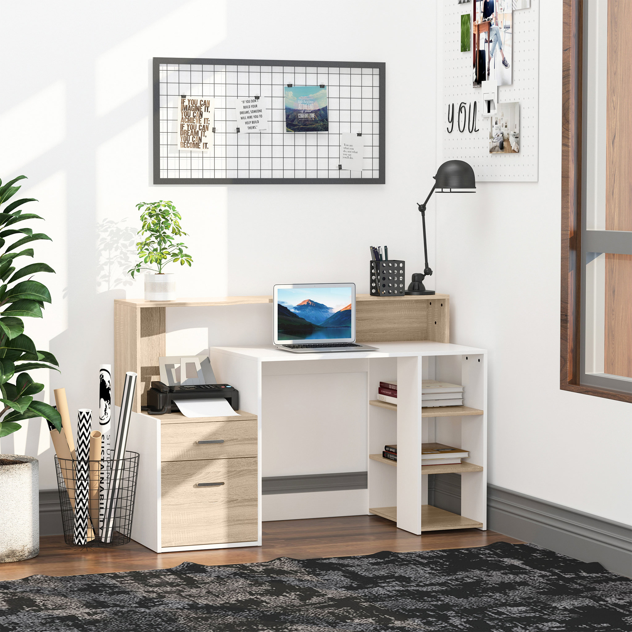 Voir la diapositive 2 : HOMCOM HOMCOM Bureau Informatique multimédia Design Multi-rangements 137 L x 55 l x 92 H cm chêne Blanc