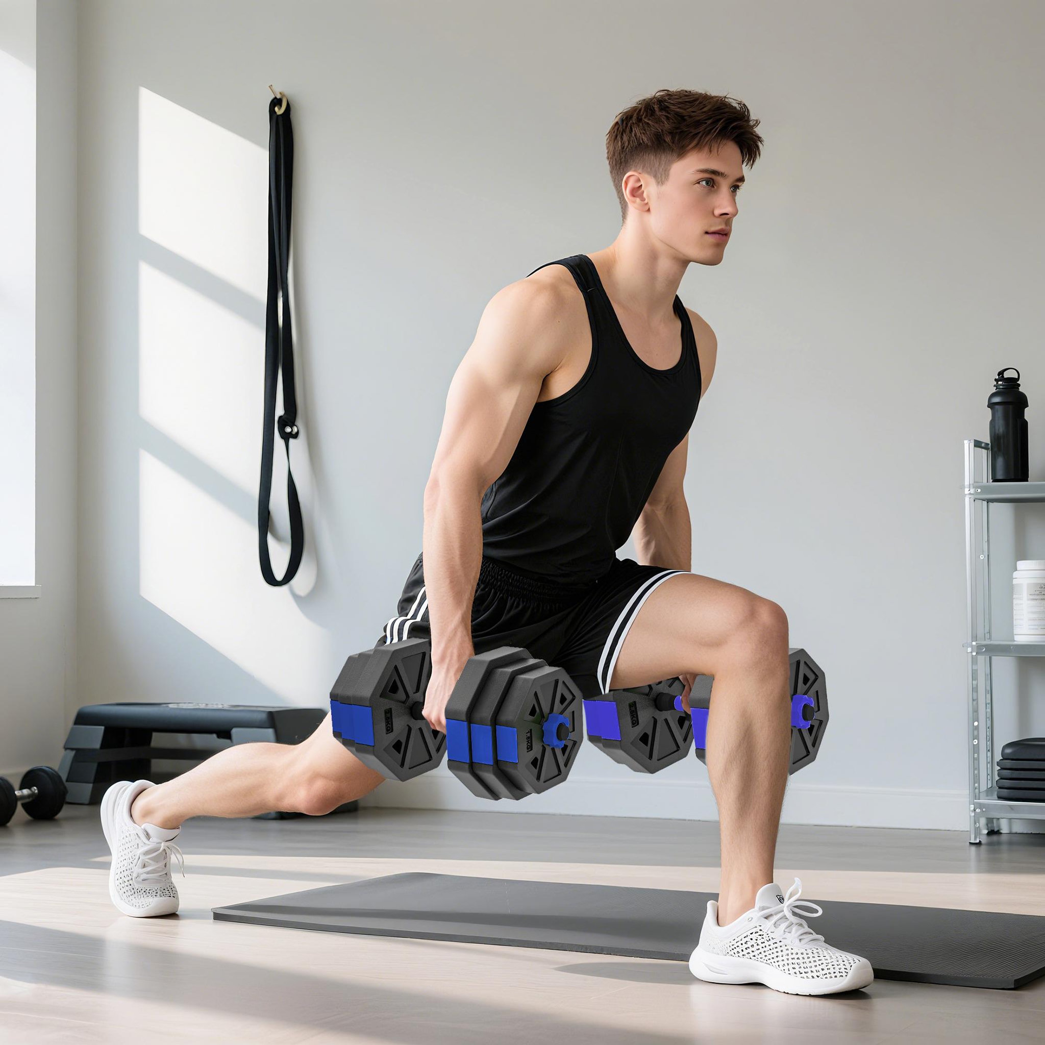 Voir la diapositive 2 : HOMCOM Ensemble d'haltères musculation multifonction 4 en 1 - haltères, kettlebell, push-up support, olympic barre - total 25kg - pvc bleu noir