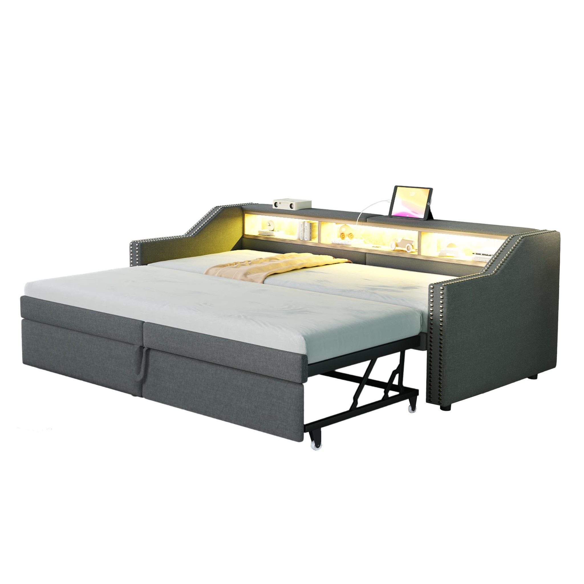 Voir la diapositive 1 : MERAX Lit banquette gigogne rembourré 90x200cm