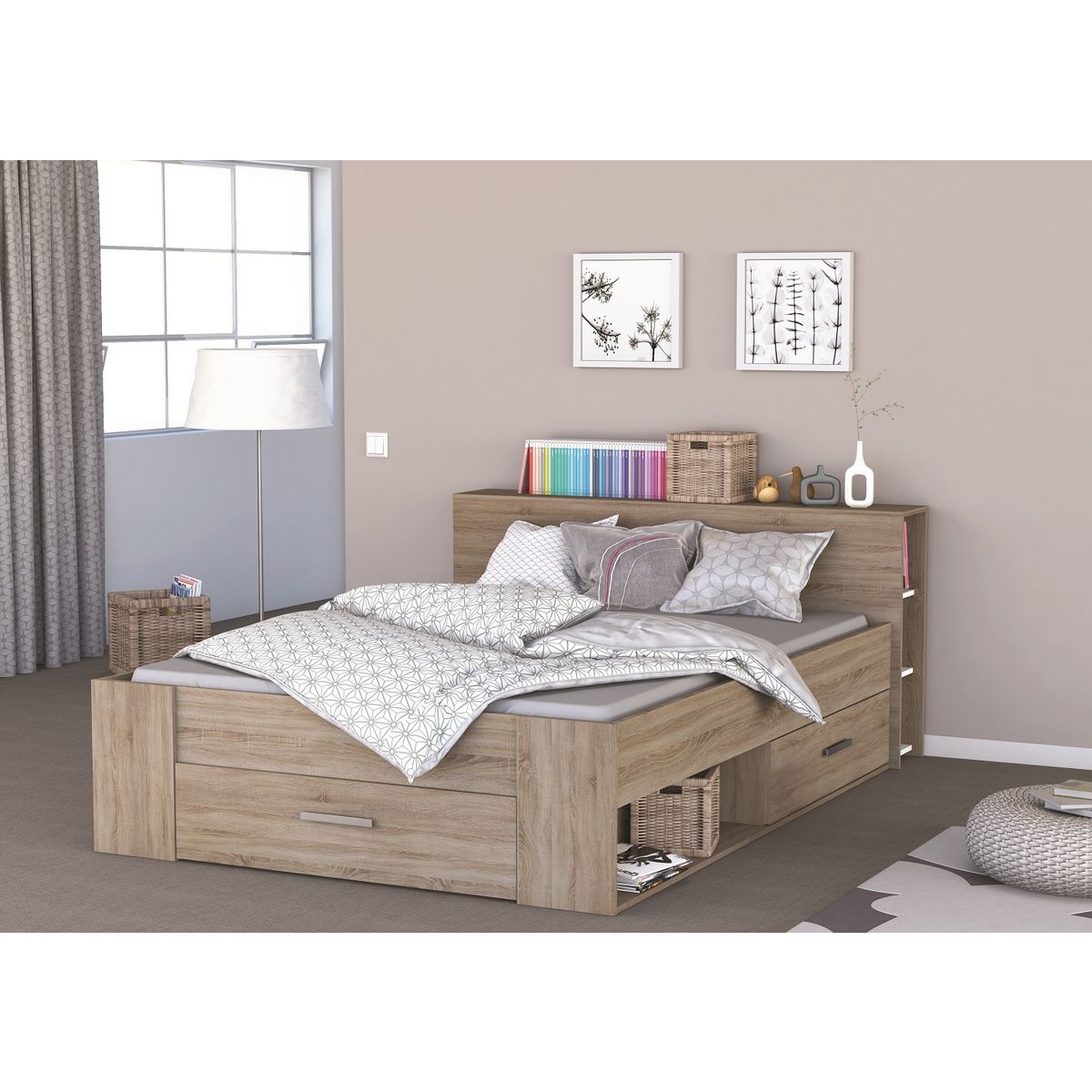 Lit 140 x190 cm avec tête de lit et rangements ILIAN