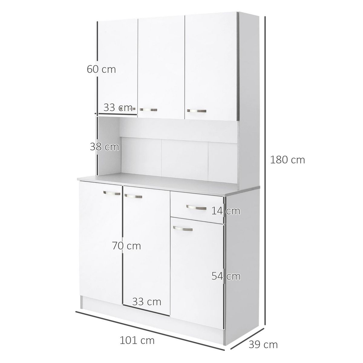 HOMCOM Buffet haut multi-rangement - 6 portes, tiroir, grand plateau - dim. 101L x 39l x 180H cm - panneaux particules blanc gris