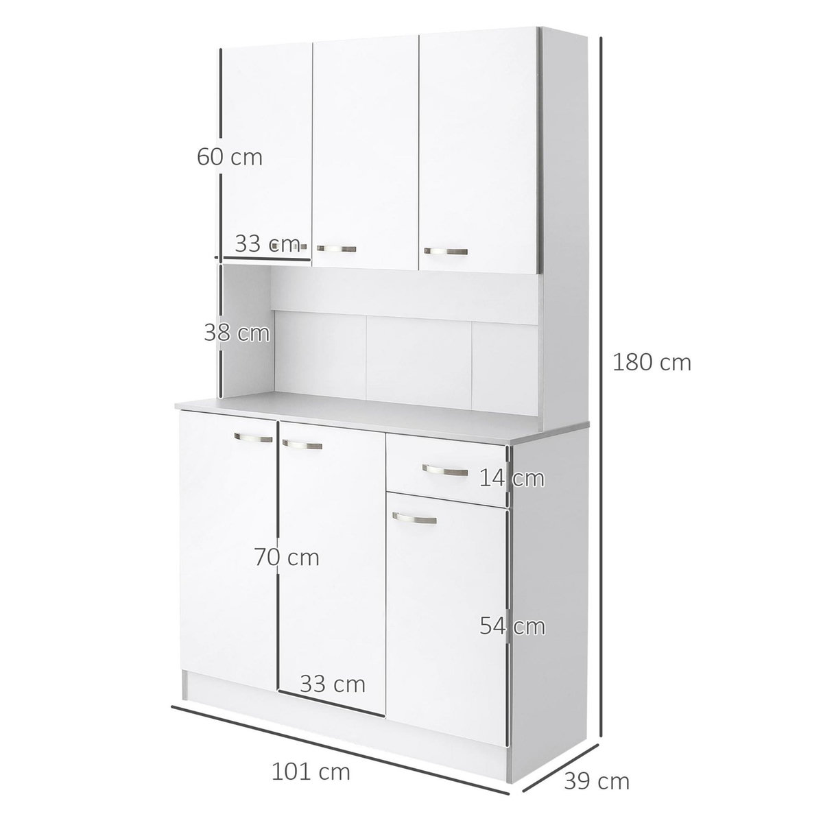 HOMCOM Buffet haut multi-rangement - 6 portes, tiroir, grand plateau - dim. 101L x 39l x 180H cm - panneaux particules blanc gris