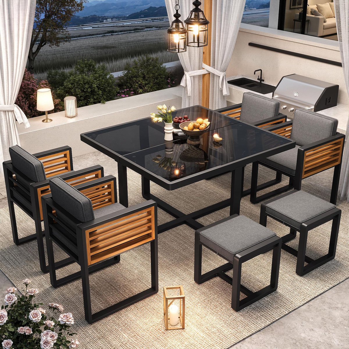 MERAX Salon de jardin repas 6 places en métal et bois avec table en verre et 6 sièges, gris