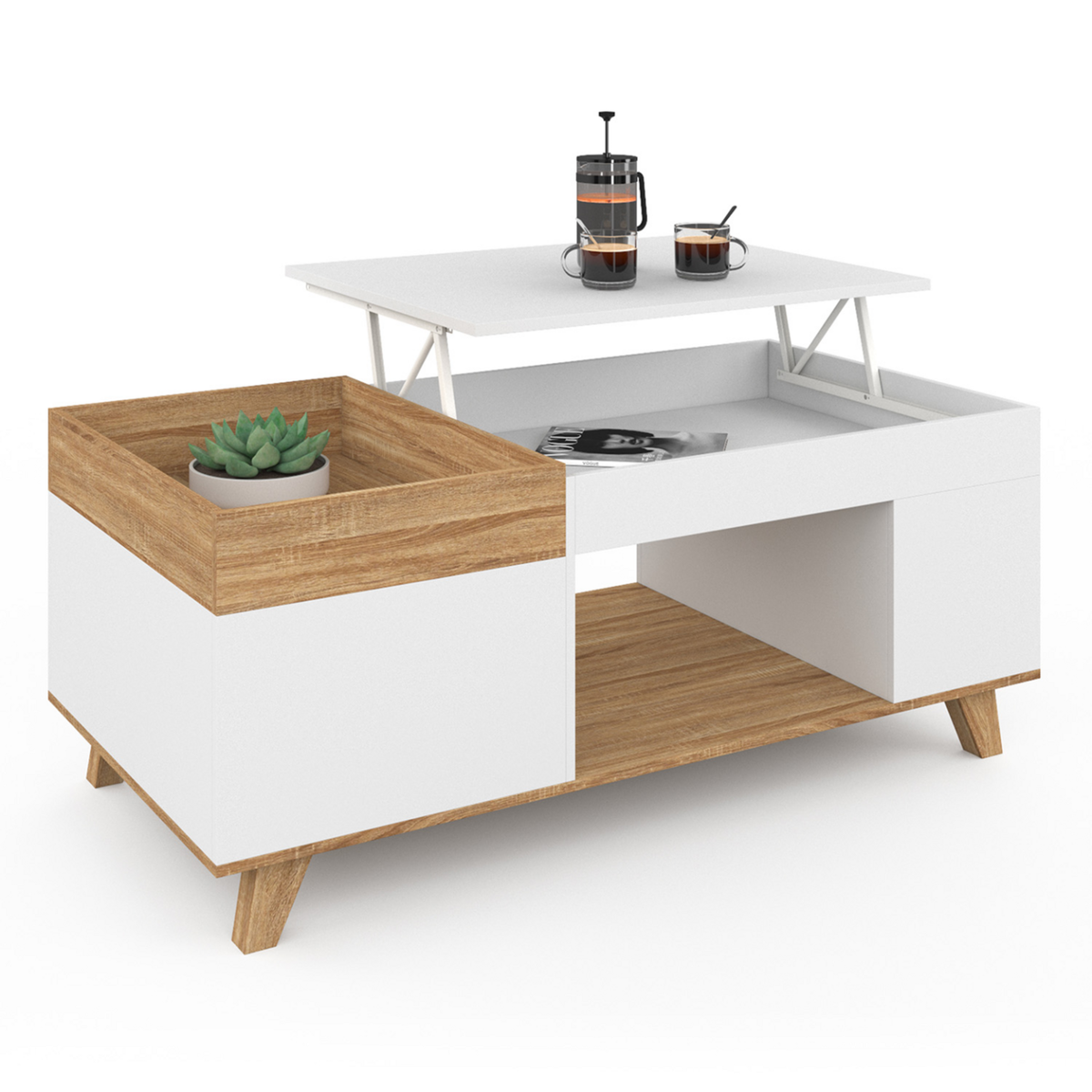 ID MARKET Table basse rectangulaire plateau relevable et plateau amovible avec coffre LOLA bois et blanc