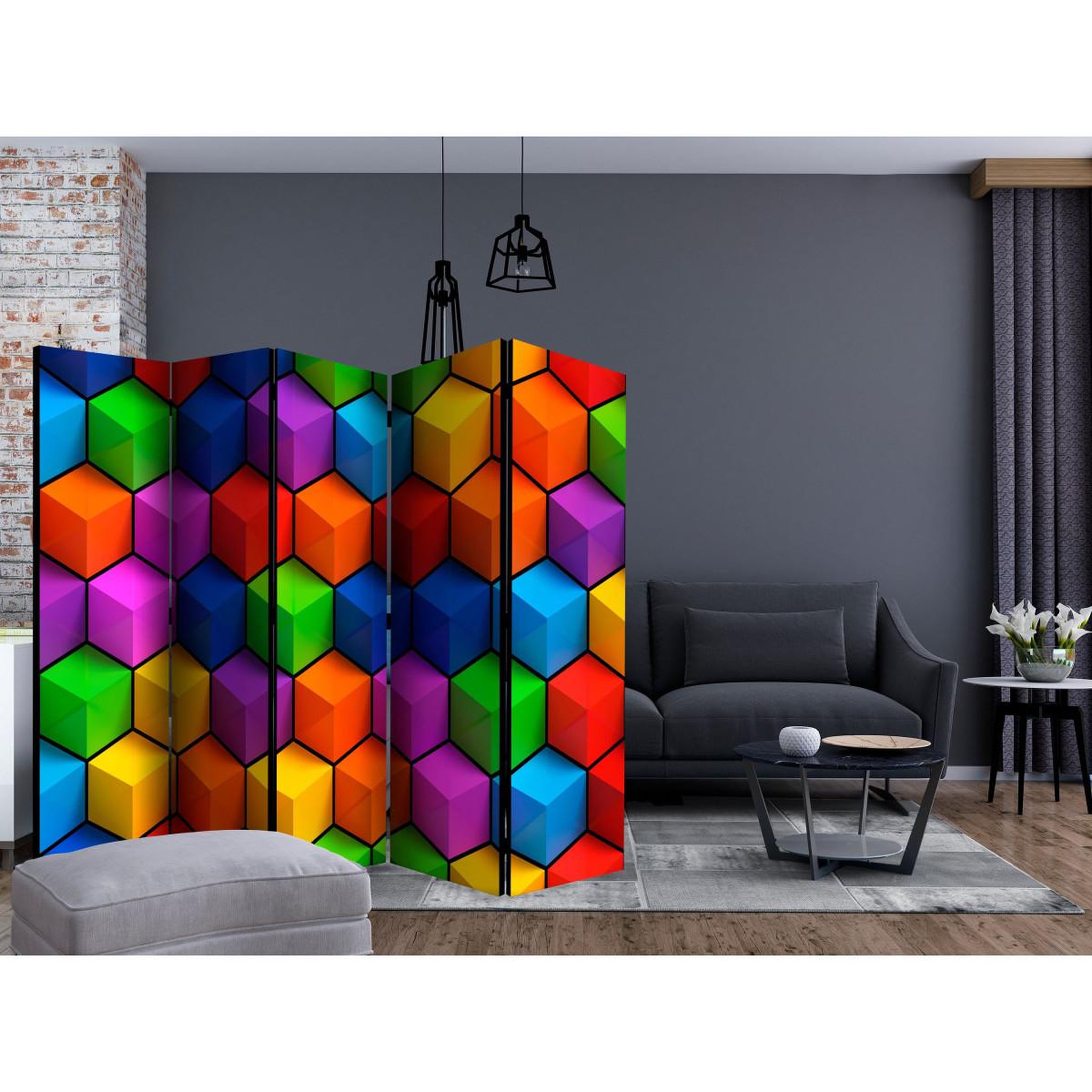 Voir la diapositive 2 : Paris Prix Paravent 5 volets  colorful geometric boxes  172x225cm
