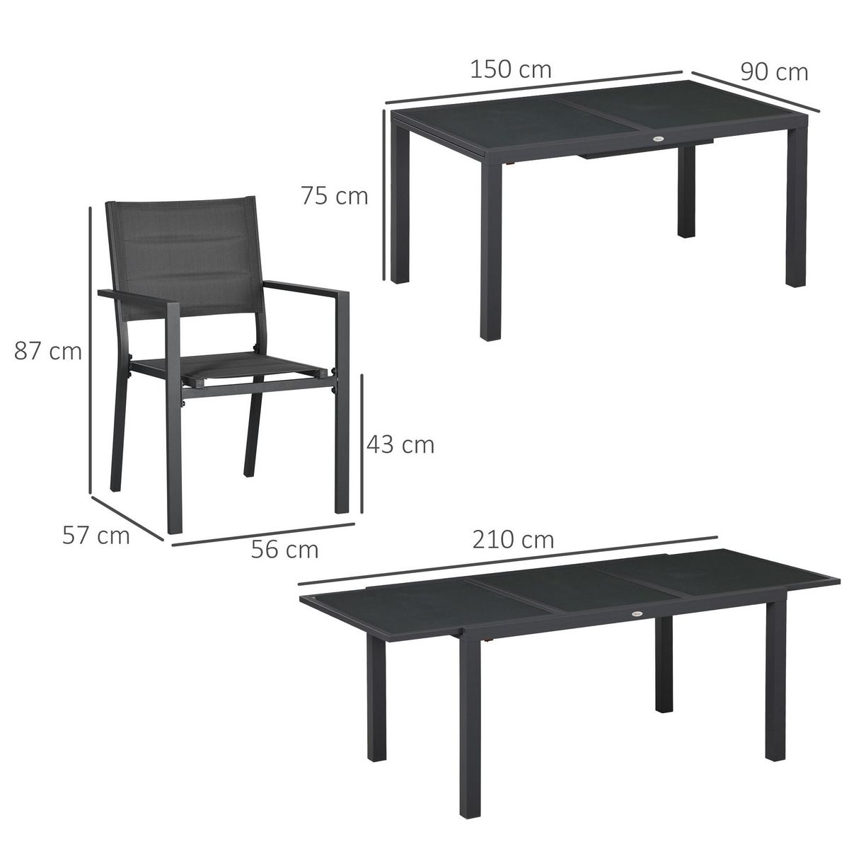 OUTSUNNY Ensemble de jardin 6 personnes chaises empilables table extensible 150/210L cm alu. teslin gris