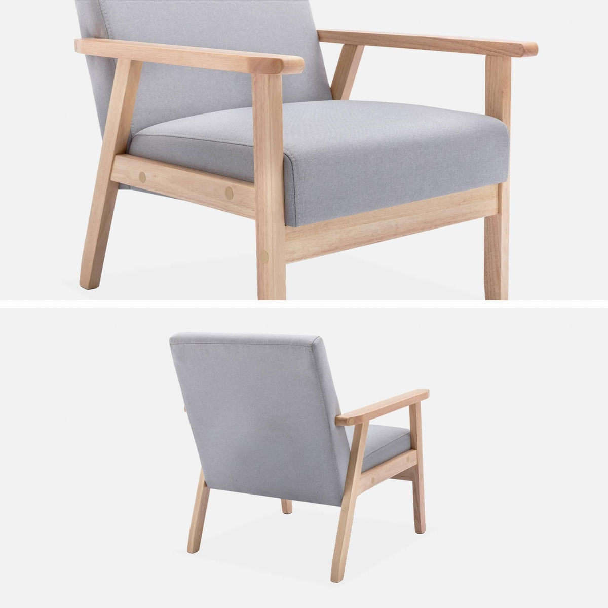 SWEEEK Fauteuil scandinave en bois et tissu gris clair. Isak. L 64 x P 69.5 x H 73cm