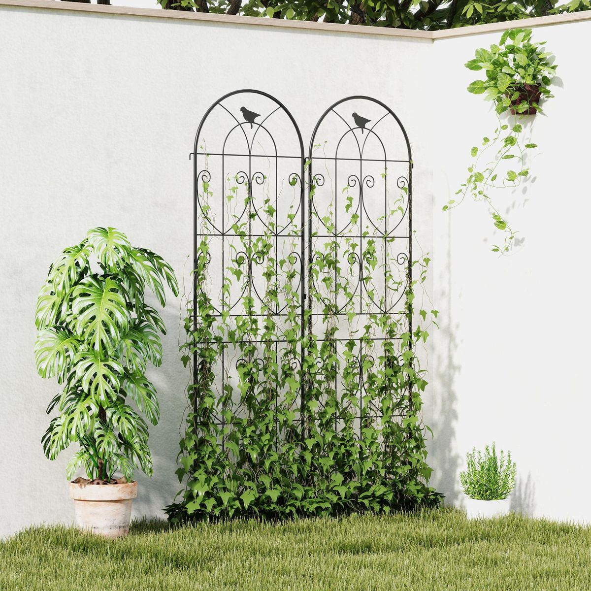 OUTSUNNY Treillis de jardin effet fer forgé oiseau - 2 supports plantes grimpantes - 50 x 180 cm - métal époxy noir