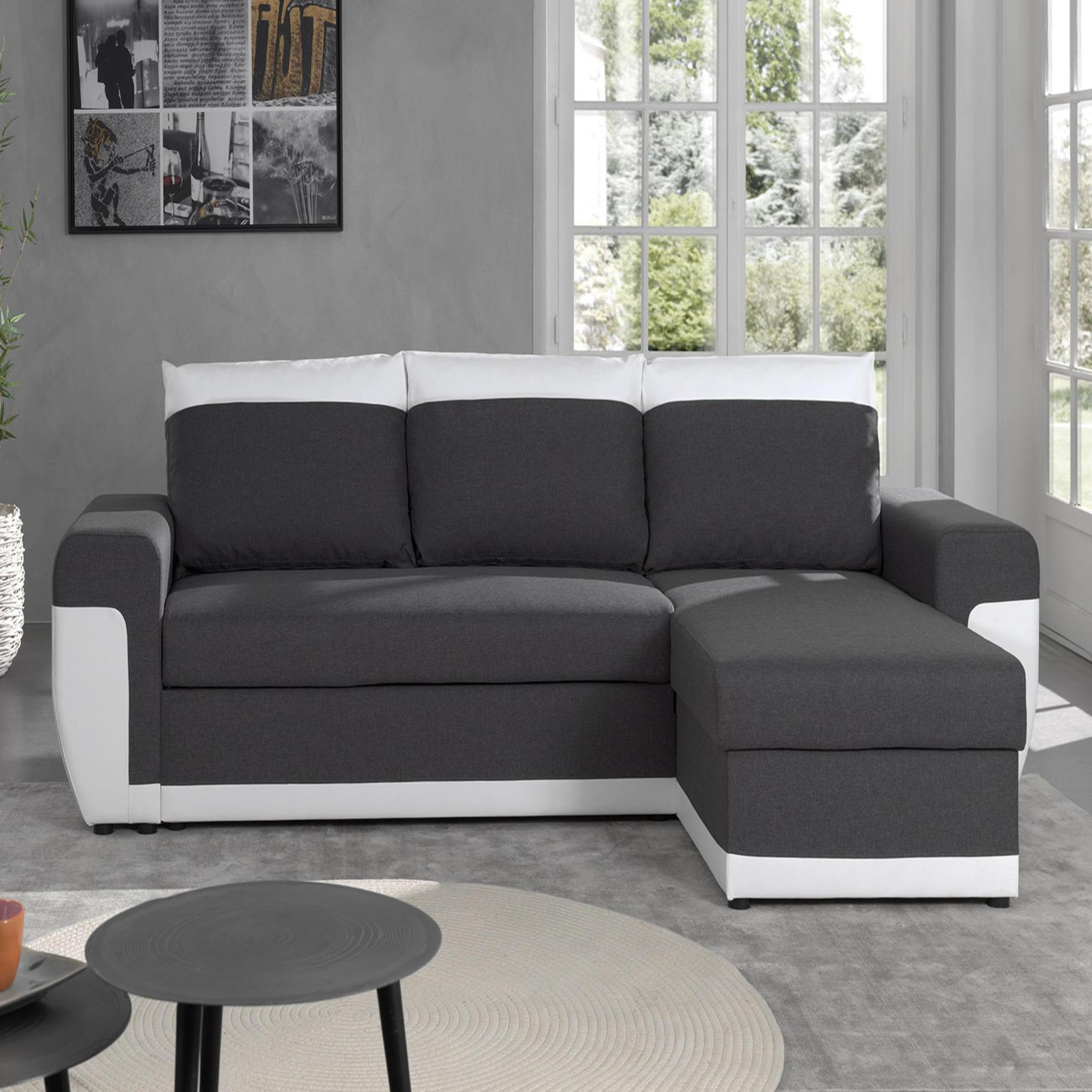 Voir la diapositive 2 : BEST MOBILIER Milan - canapé d'angle réversible - 4 places - convertible avec coffre - en simili et tissu