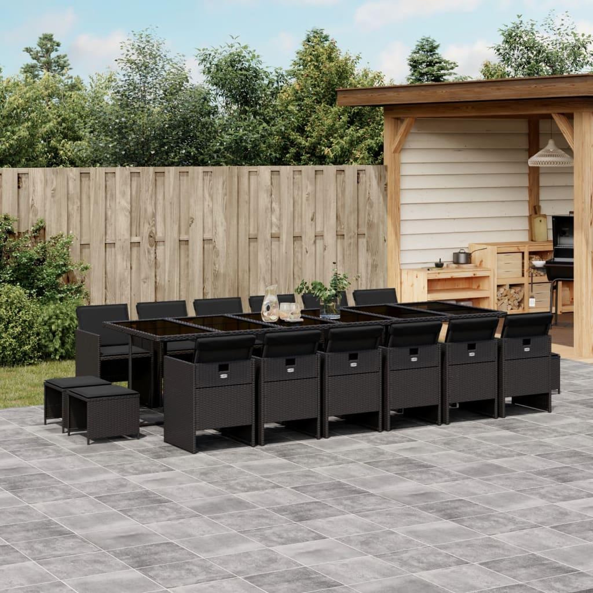 VIDAXL Ensemble a manger de jardin 17 pcs coussins noir resine tressee