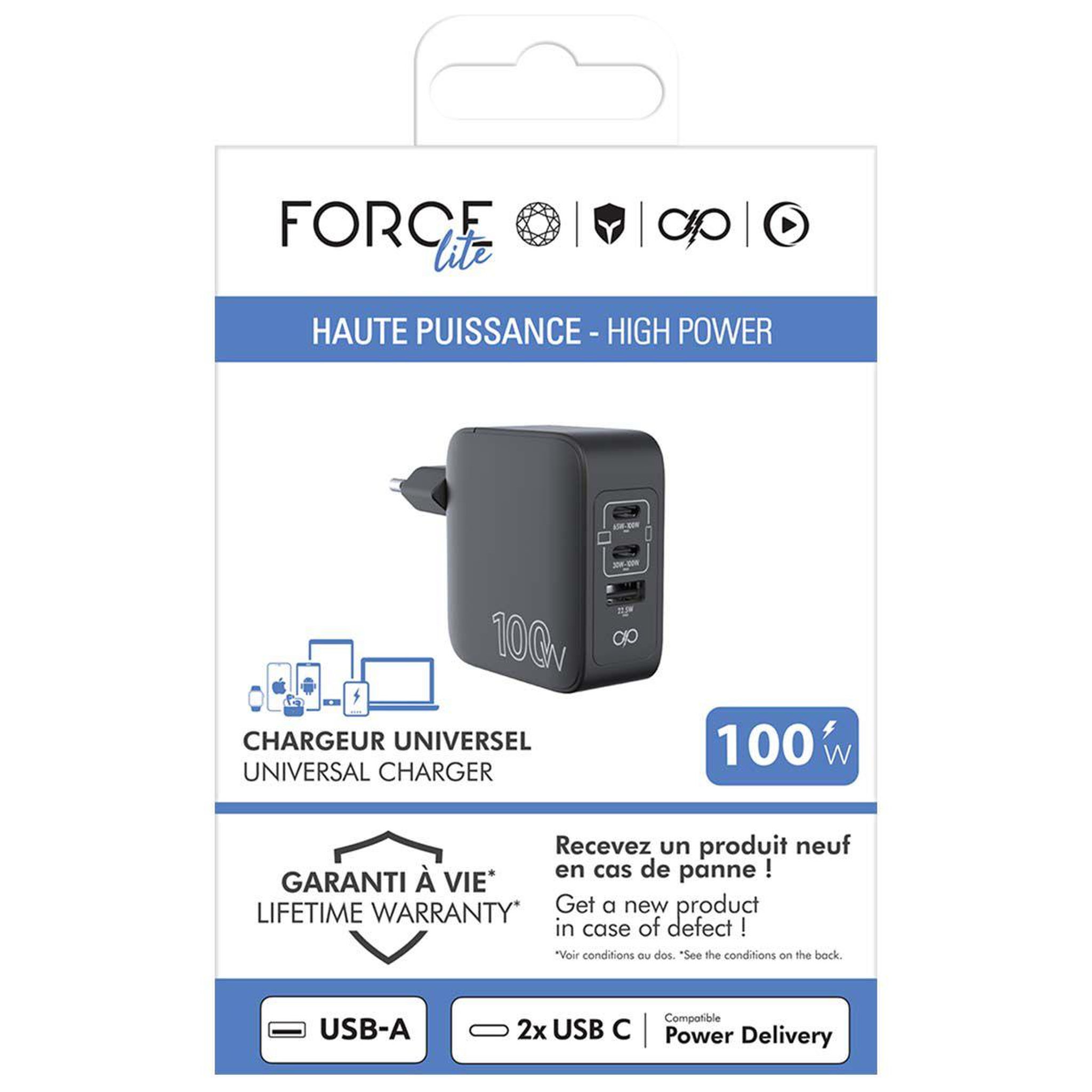 Voir la diapositive 3 : FORCE POWER Chargeur ordinateur portable 100w usb-a + 2 usb-c gan noir