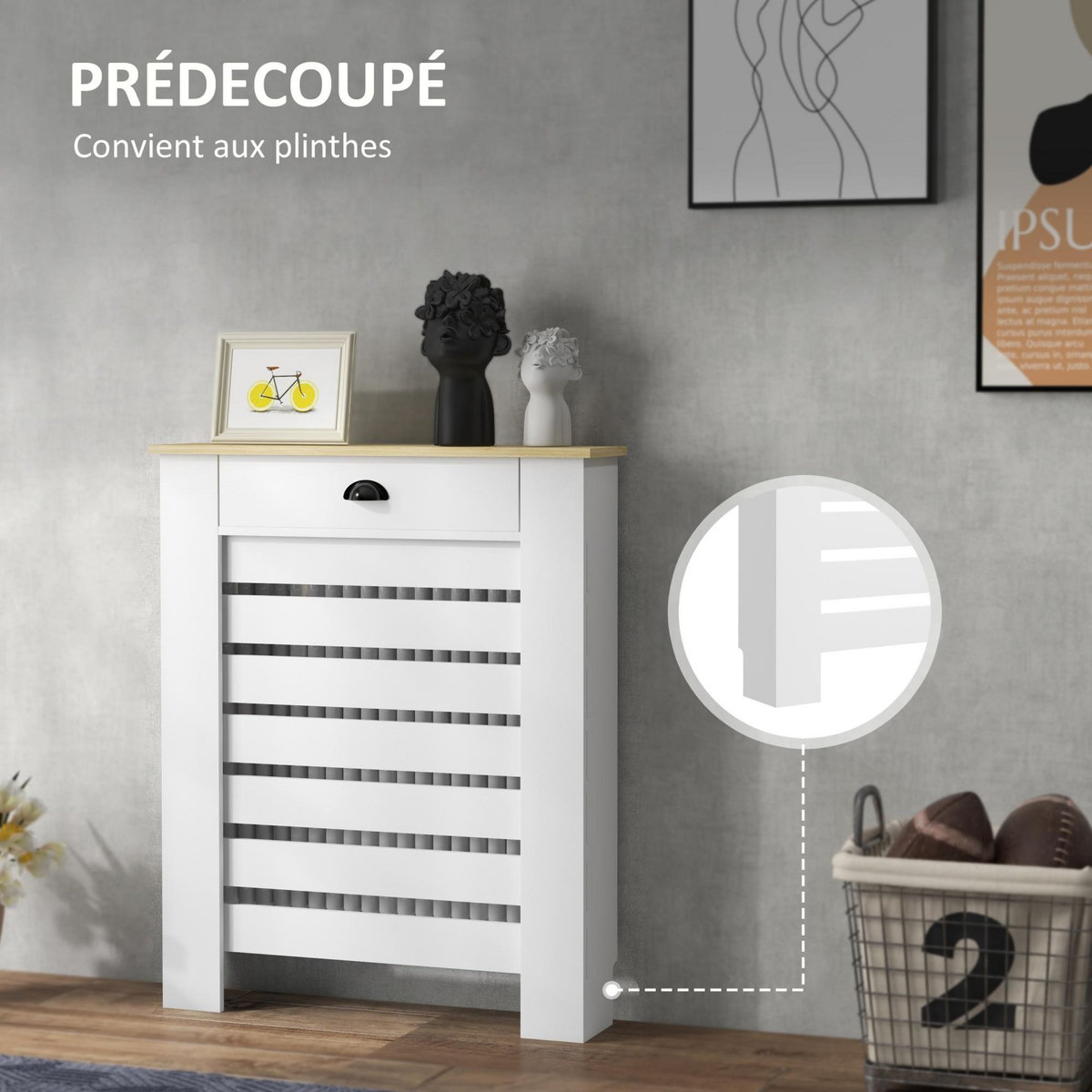 HOMCOM Cache-radiateur design panneau avec tiroir - grille d'aération horizontale à lattes - dim. 78L x 19l x 95H cm - MDF effet bois clair blanc