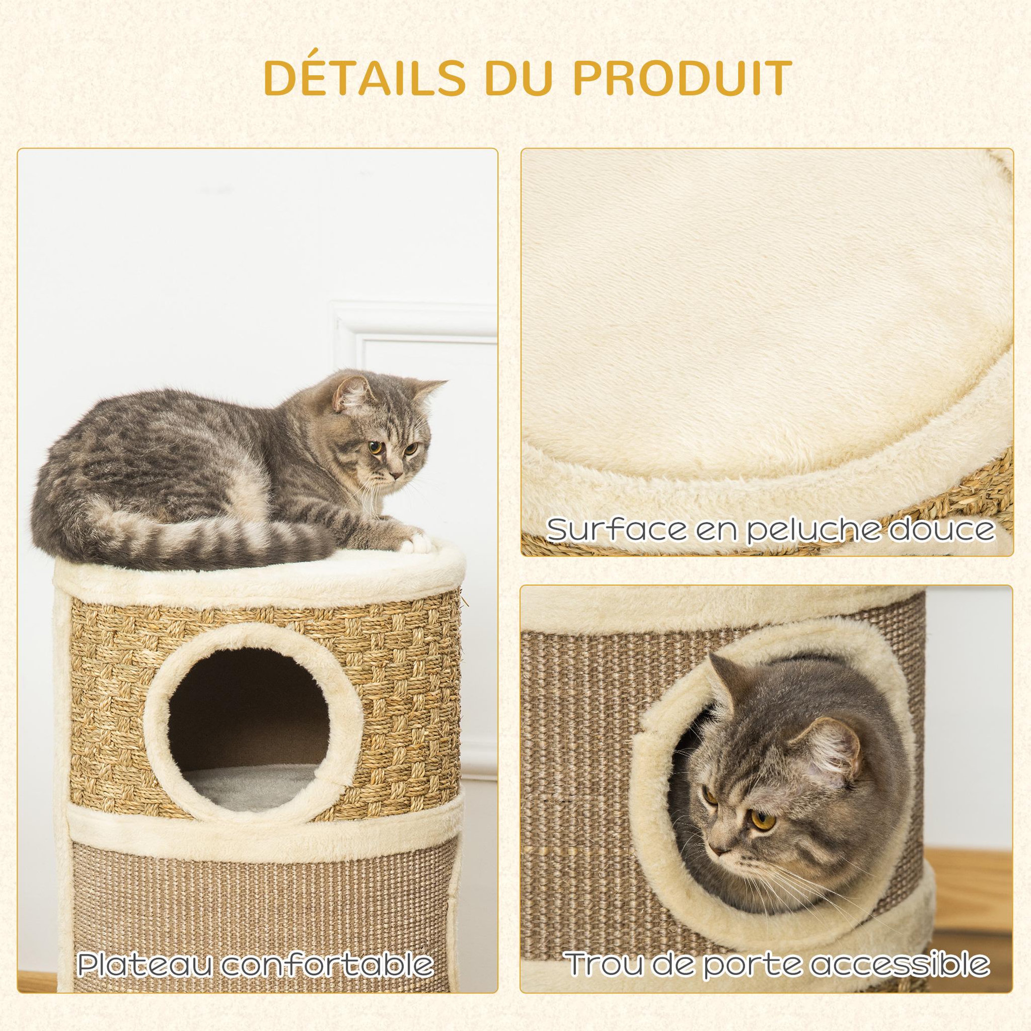 Voir la diapositive 5 : PAWHUT Arbre à chat cylindrique - tour à griffer pour chat - arbre à chat tour - tonneau griffoir - 3 niches + plateforme - sisal corde d'algues beige