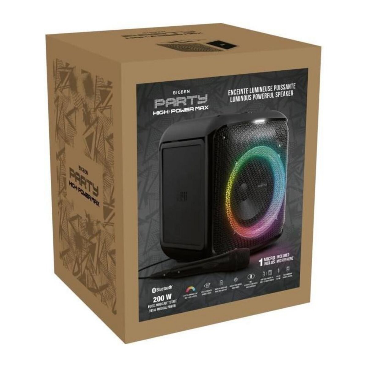 Bigben BIGBEN PARTYBTHPMAX - Enceinte lumineuse sans fil - Bluetooth 5.3 - 200W - USB, SD, Aux-In - Micro filaire (idéal Karaoké)