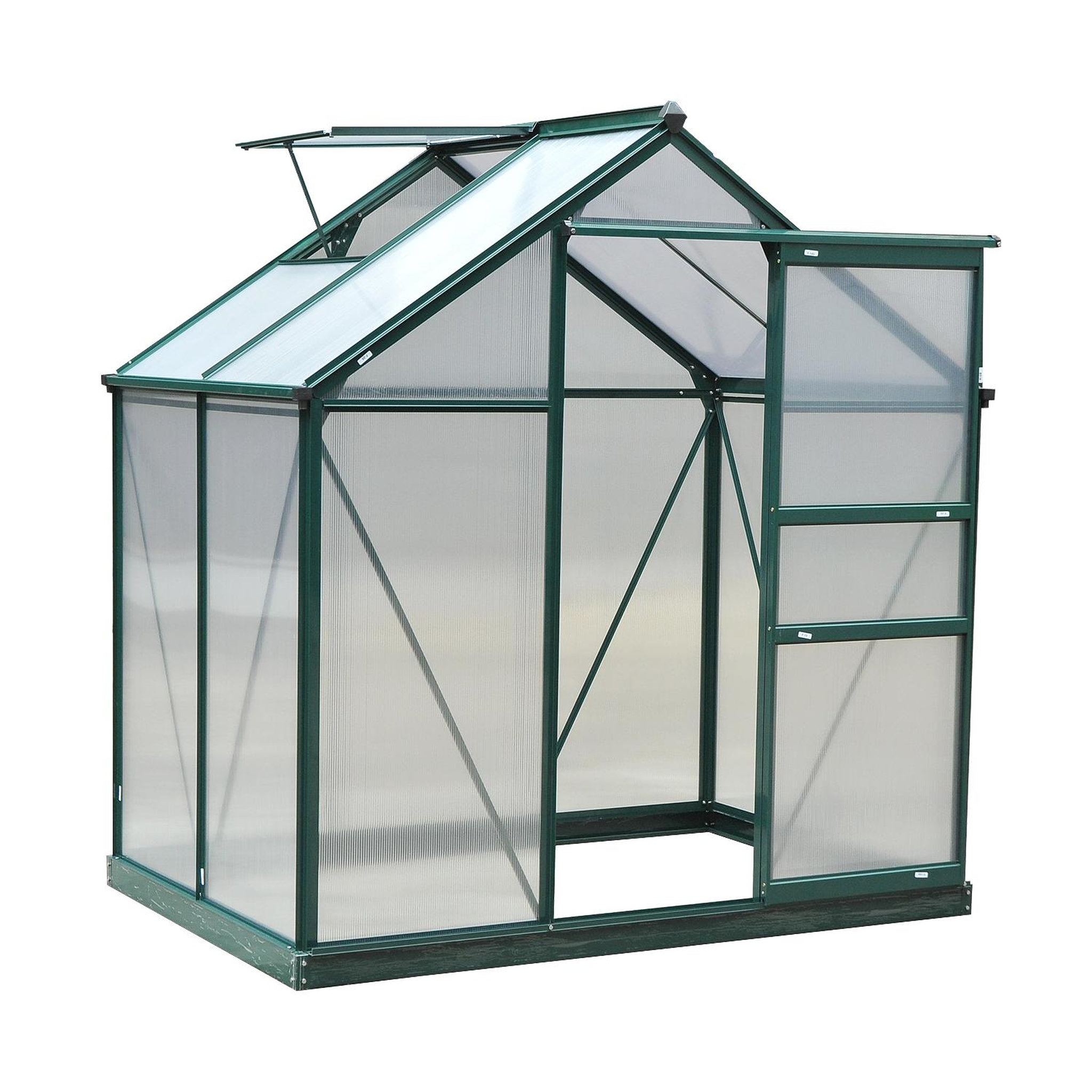 OUTSUNNY Serre de jardin aluminium polycarbonate 2,51 m² dim. 1,9l x 1,32l x 2,01h m lucarne, porte coulissante + fondation incluse alu. Vert polycarbonate transparent