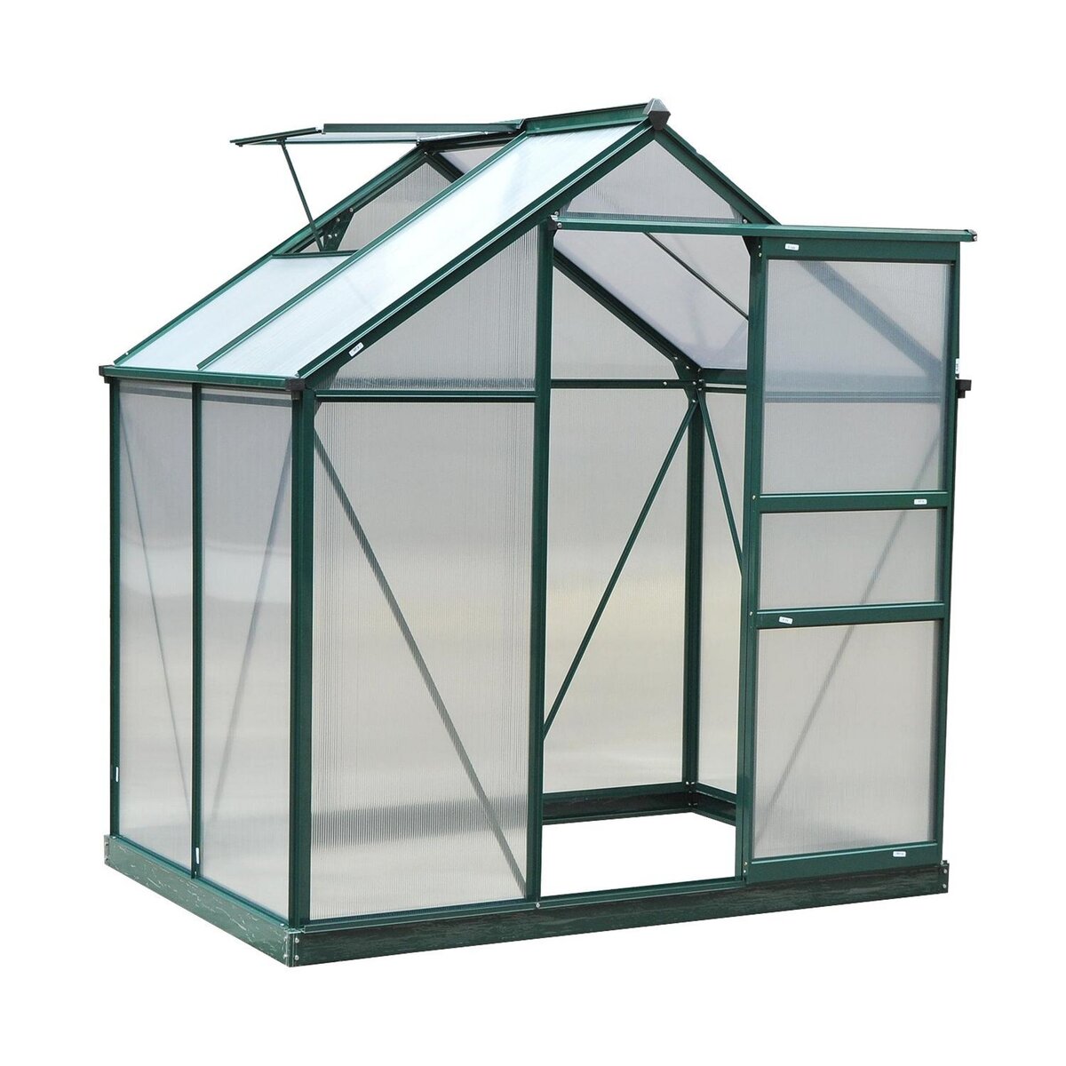 OUTSUNNY Serre de jardin aluminium polycarbonate 2,51 m² dim. 1,9L x 1,32l x 2,01H m lucarne, porte coulissante + fondation incluse alu. vert polycarbonate transparent