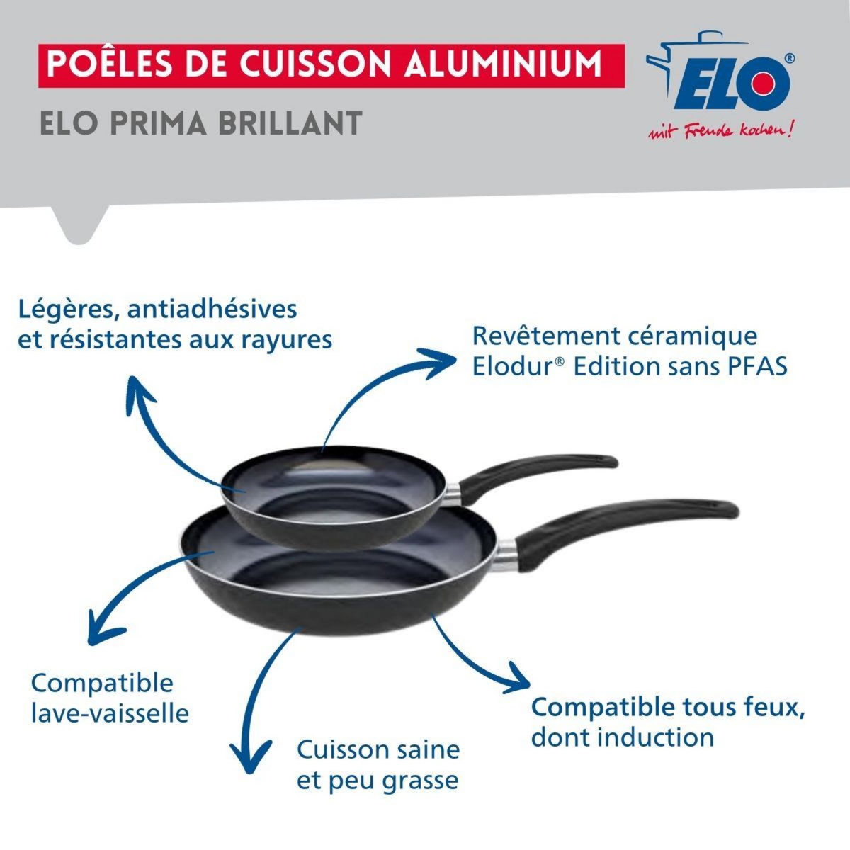 ELO Ensemble de 2 Poêles de cuisson 20 et 28 cm et 1 faitout 24 cm Elo Prima Brillant