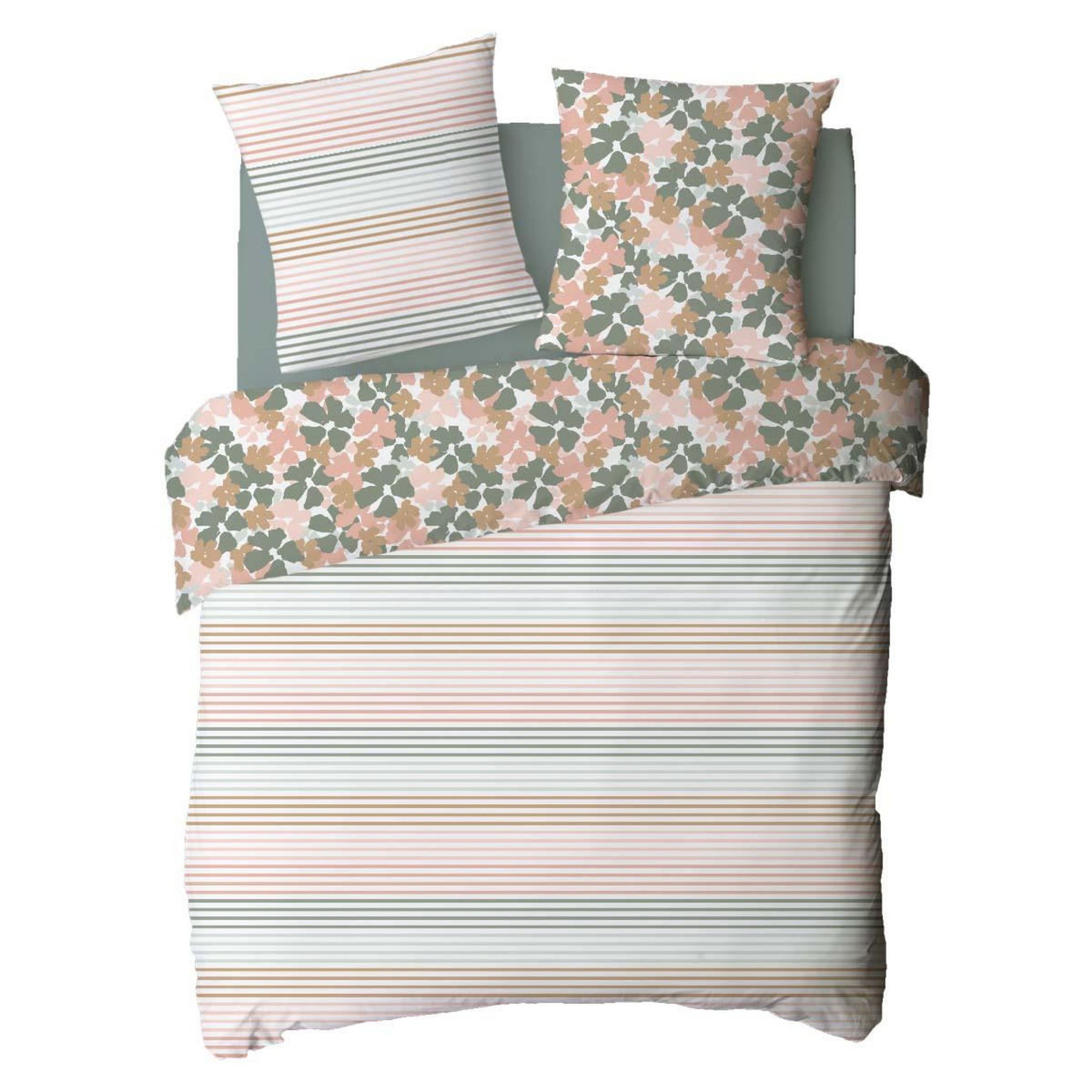 FUTURE HOME Parure de lit 2 personnes fleurie réversible rayures