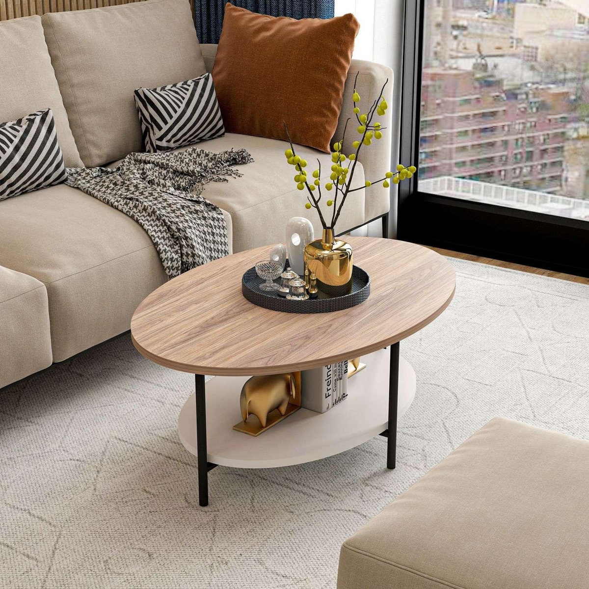 TOILINUX Table basse 1 étagère Ombeline en bois - Beige et blanc