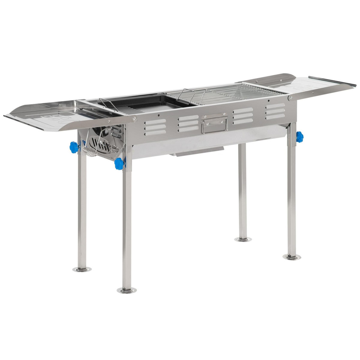 OUTSUNNY Barbecue à charbon pliable portable réglable BBQ grill sur pied avec tablettes rabattables, grille, plaque teppanyaki, pinces, récupérateur cendres acier inox.