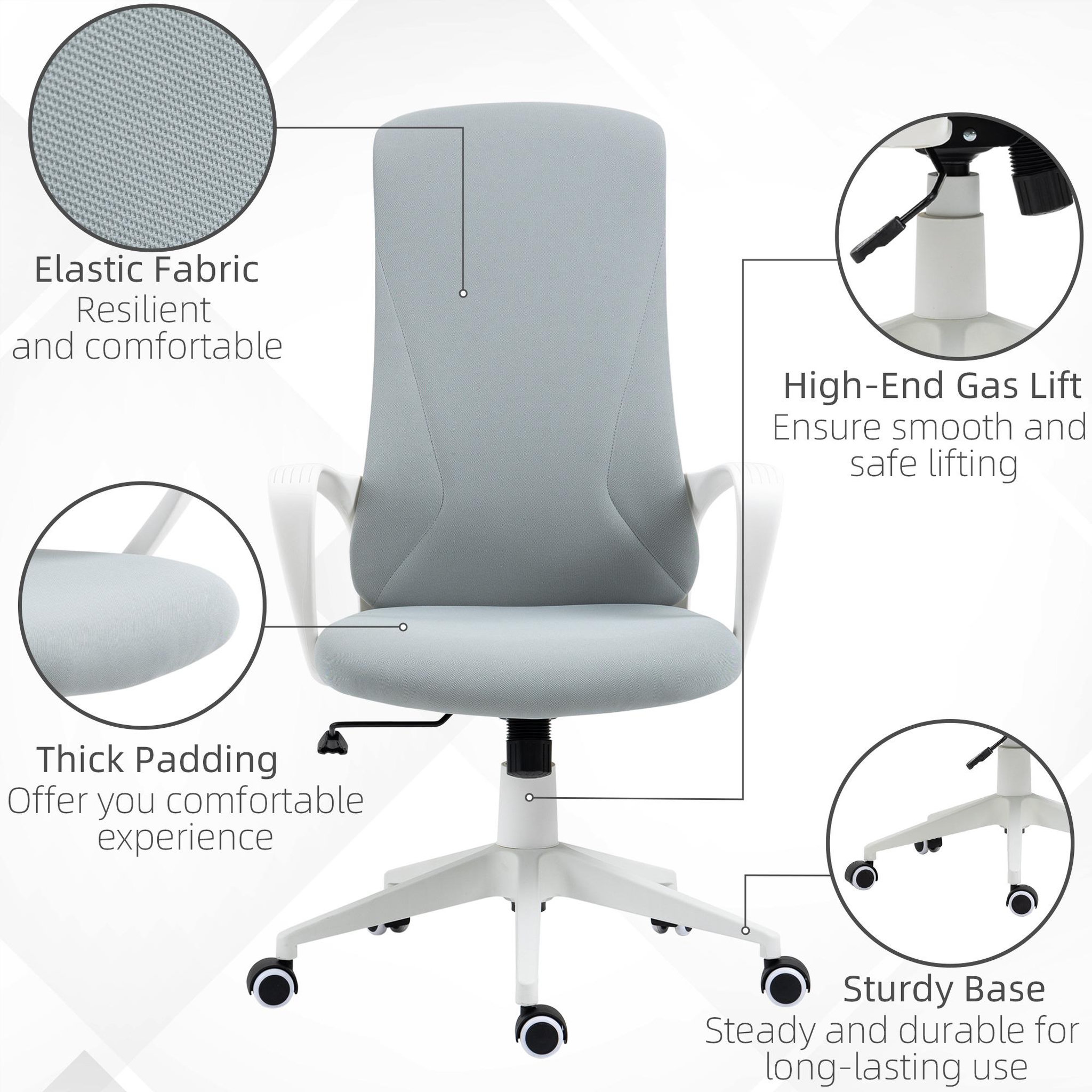 Voir la diapositive 4 : VINSETTO Fauteuil de Bureau ergonomique avec accoudoirs et roulettes pivotant - Fonction Inclinaison et Hauteur réglable dim. 62L x 56l x 119,5H cm - Gris clair