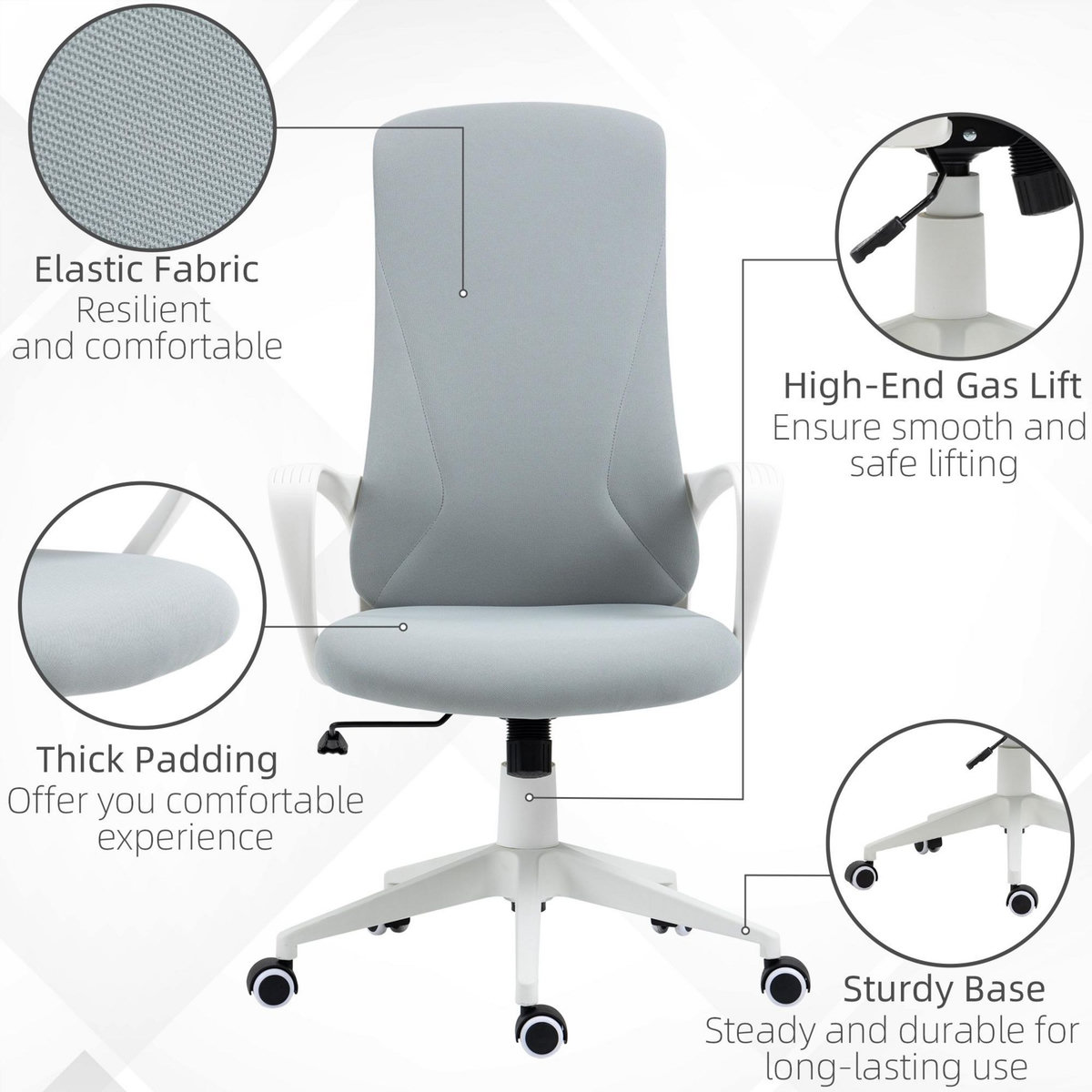 VINSETTO Fauteuil de Bureau ergonomique avec accoudoirs et roulettes pivotant - Fonction Inclinaison et Hauteur réglable dim. 62L x 56l x 119,5H cm - Gris clair