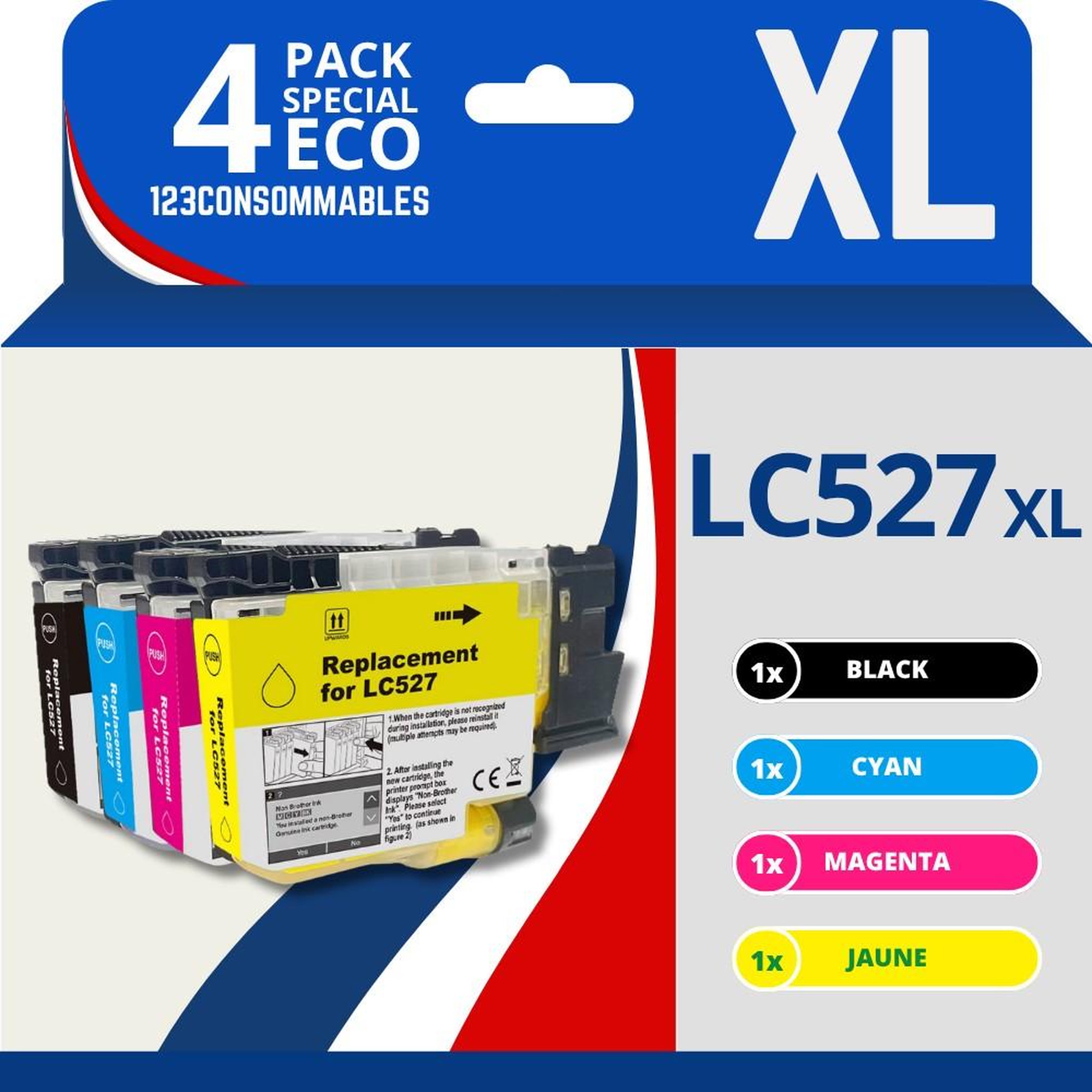 123CONSOMMABLES Pack compatible Brother LC527XL, 4 cartouches (remplace LC-527 / LC-257XL)
