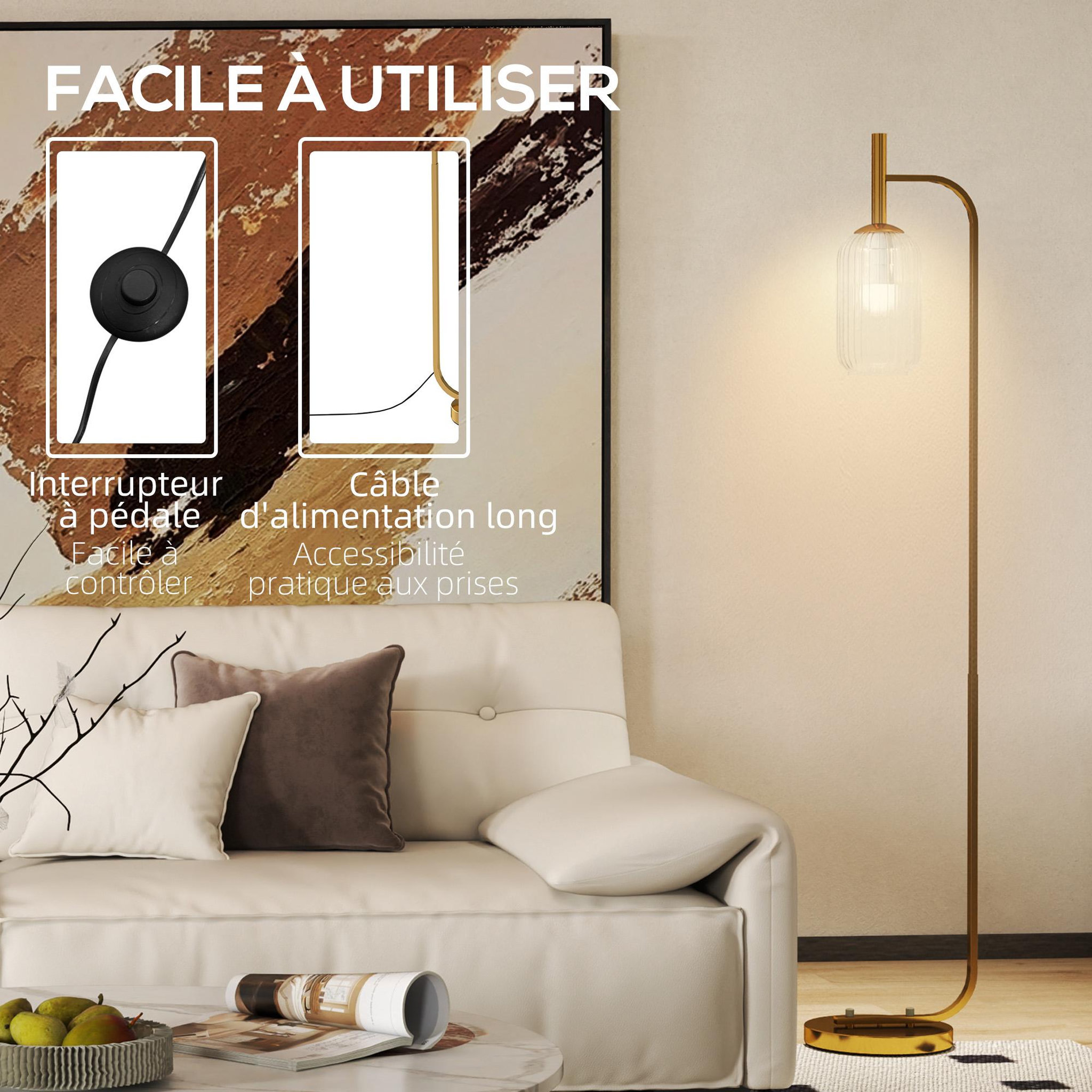 Voir la diapositive 4 : HOMCOM Lampadaire sur pied style rétro h.153 cm piètement mât métal doré abat-jour verre texturé