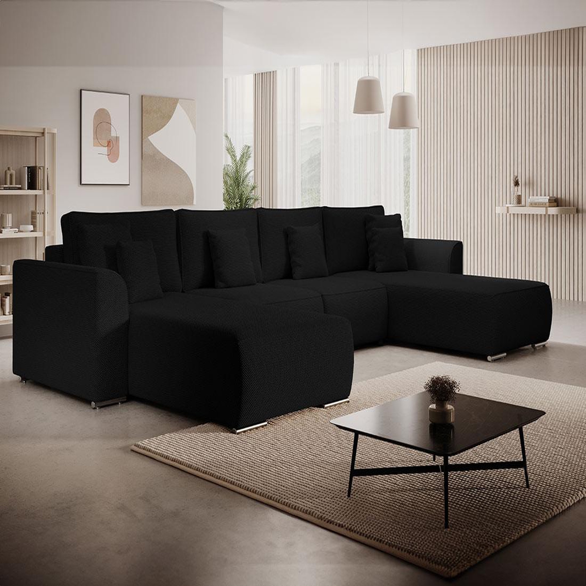 Voir la diapositive 2 : BEST MOBILIER Gabriel - canapé panoramique en u 7 places convertible avec coffre en tissu texturé