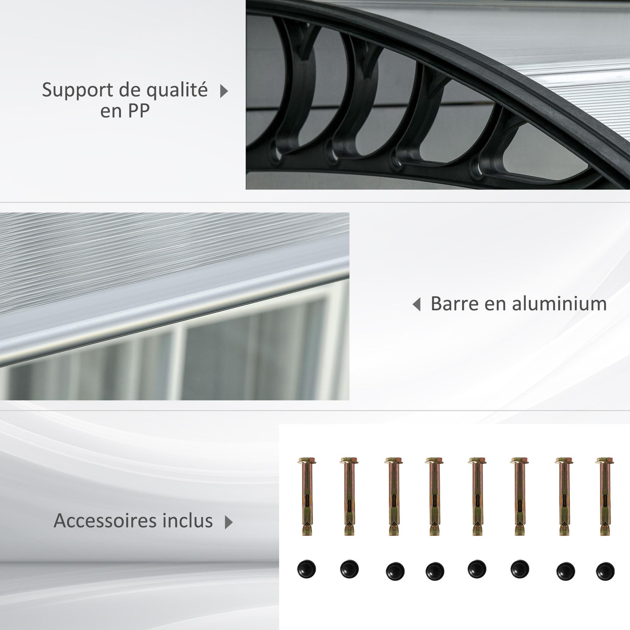 Voir la diapositive 5 : OUTSUNNY Auvent marquise de porte design voûté arrondi dim. 303L x 96l x 27H cm alu polycarbonate plastique noir