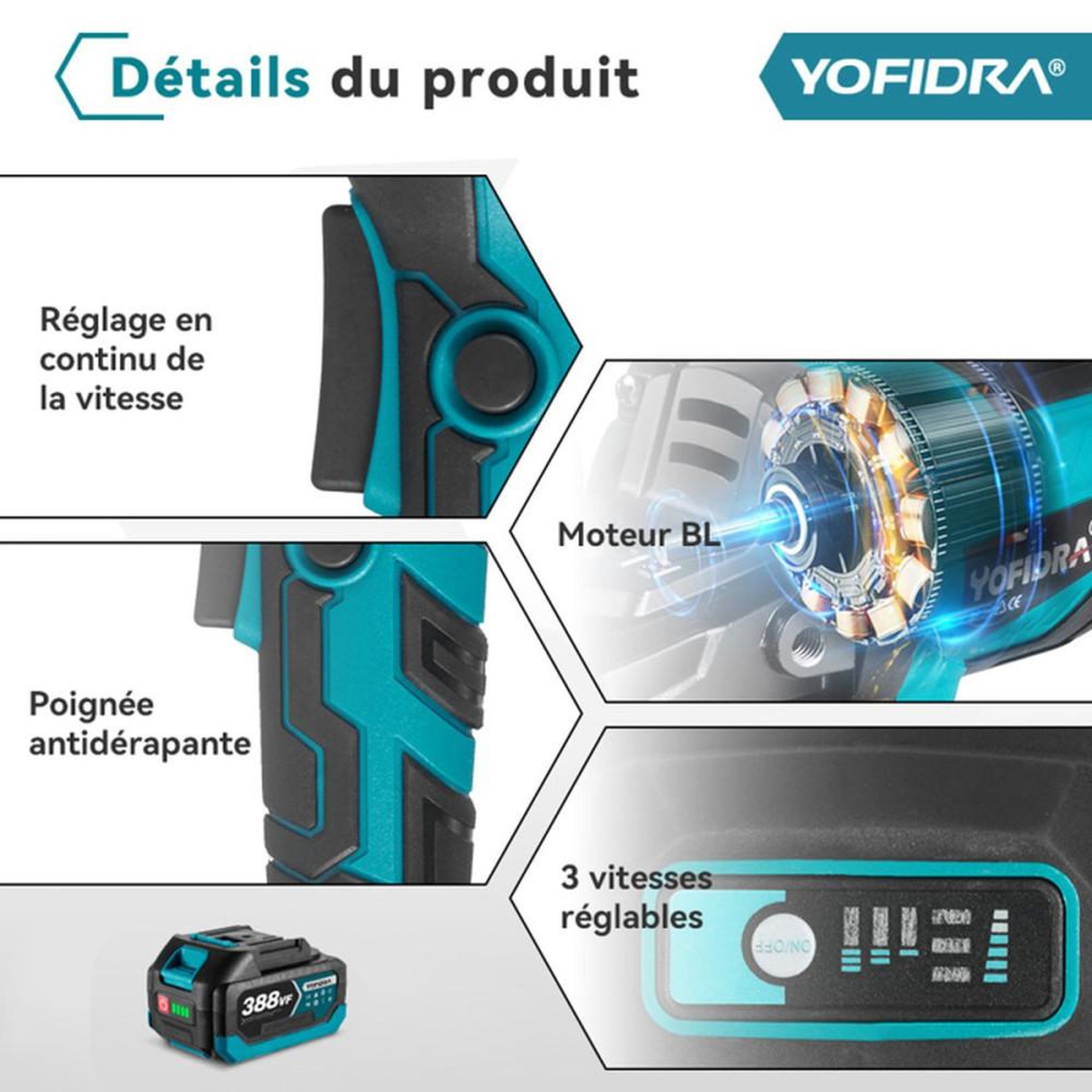Voir la diapositive 4 : Meuleuse d'angle sans fil 125 mm brushless 850 W, 3 vitesses YOFIDRA, jusqu'à 8000 tr/min, interrupteur à pression variable