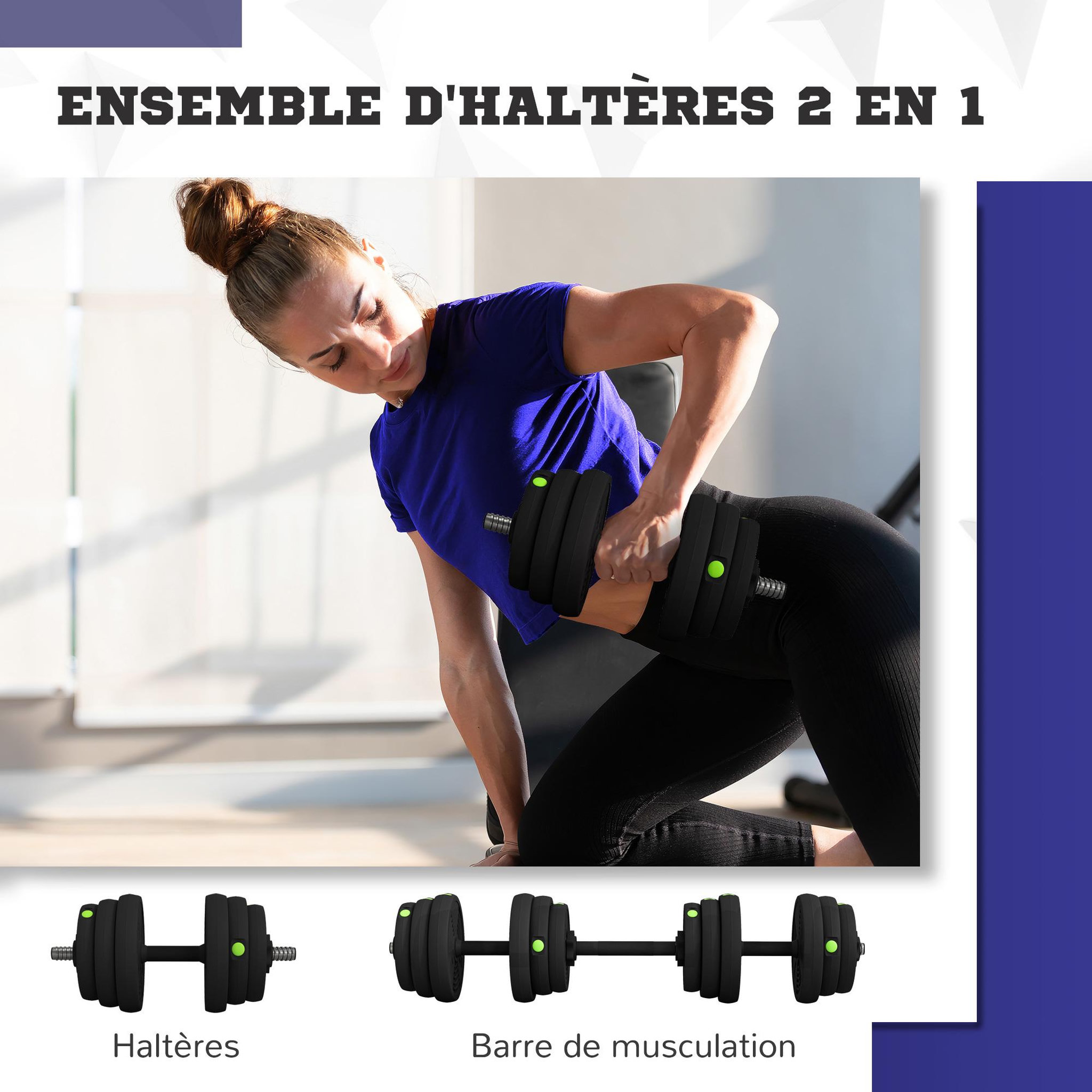 Voir la diapositive 5 : HOMCOM Haltères 2 en 1 réglables - haltères libres 25 kg - barres incluses - entraînement musculaire & haltérophilie - noir vert