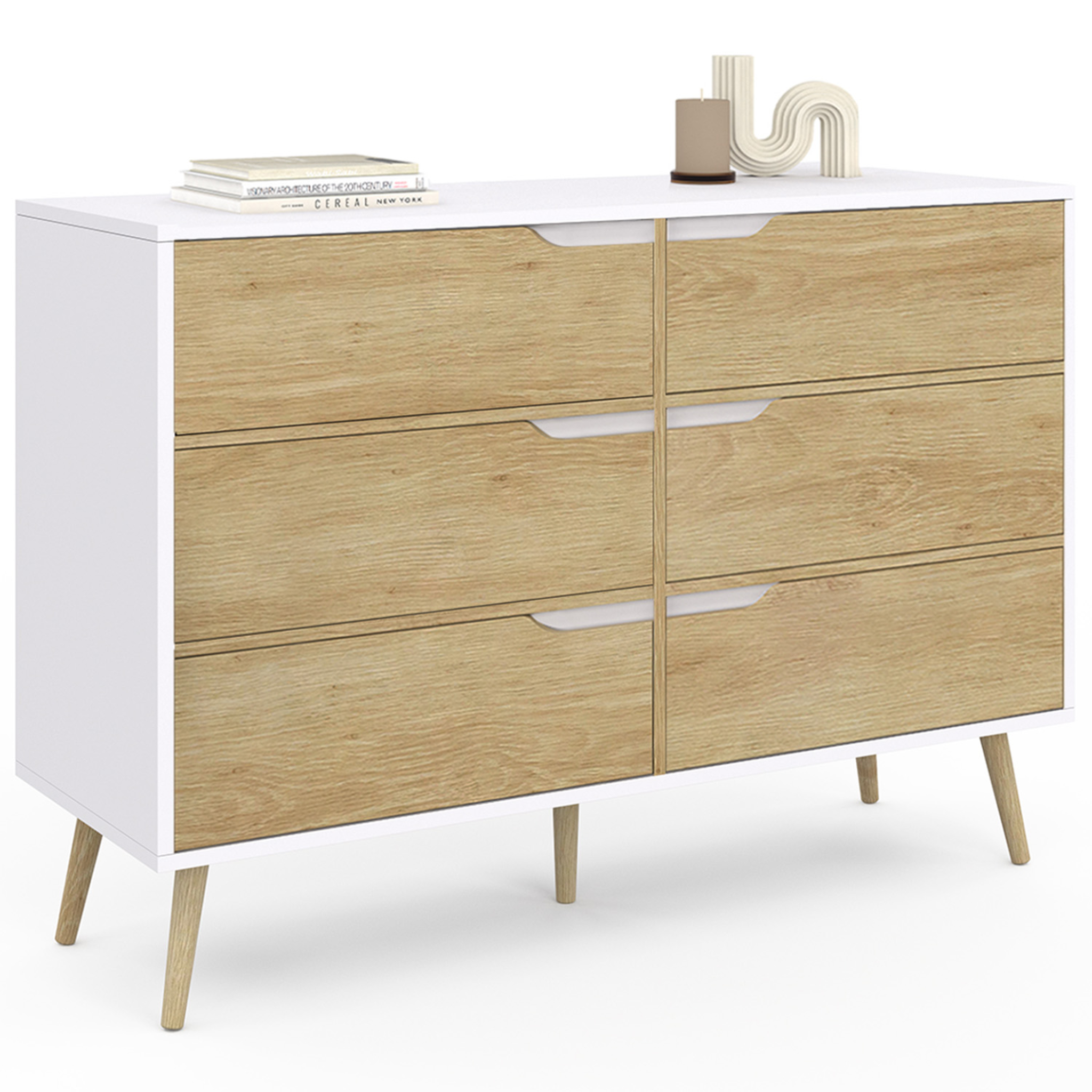 ID MARKET Commode 6 tiroirs helsinki 115 cm scandinave blanc et effet hêtre
