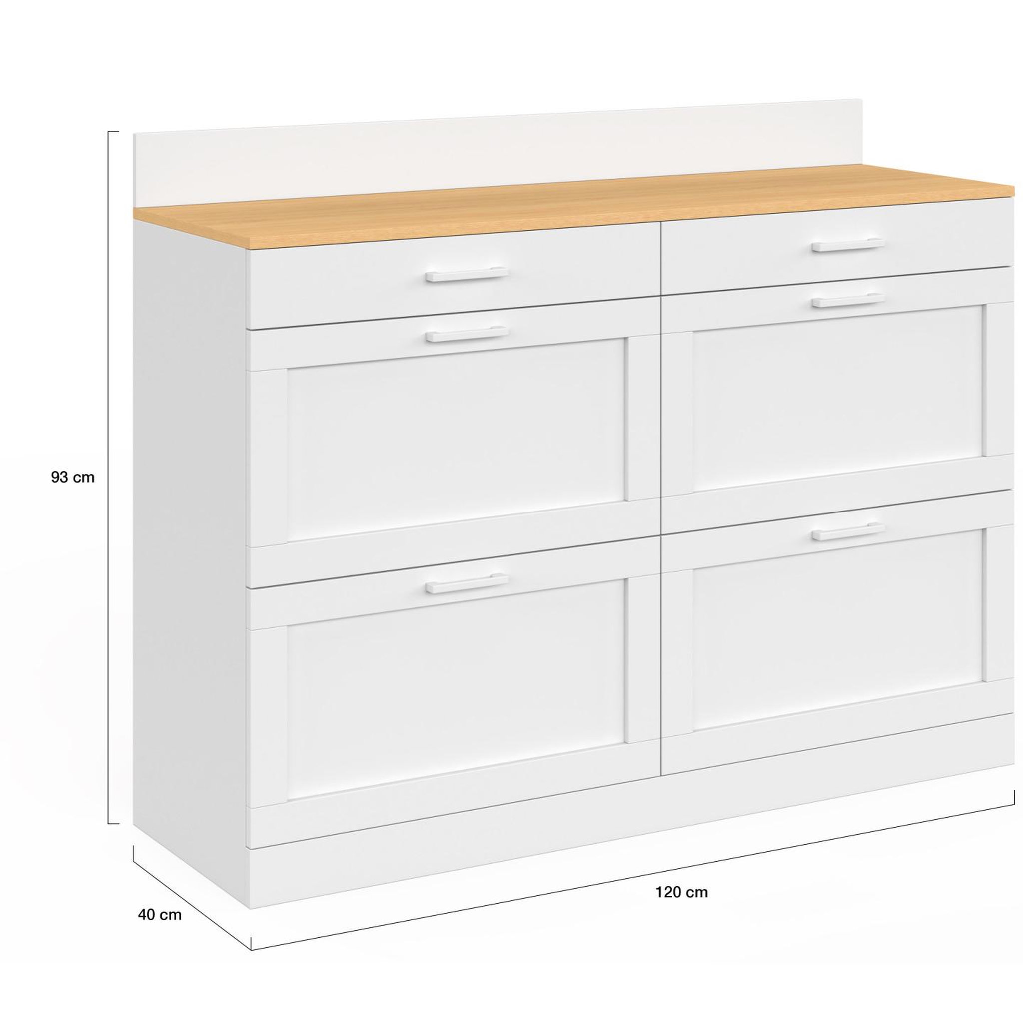 Voir la diapositive 5 : ID MARKET Buffet bas de cuisine 120 cm casserolier vito plan de travail h.83 cm 6 tiroirs blanc et plateau façon hêtre