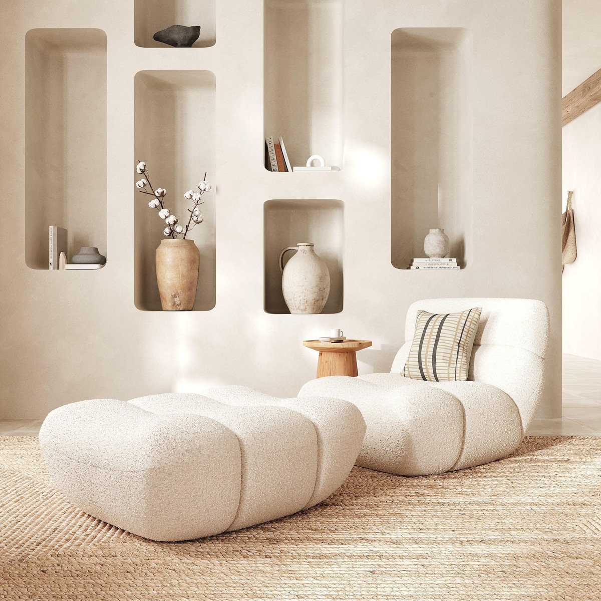 Rendez vous déco Ensemble fauteuil et pouf en tissu bouclé blanc-Teddy