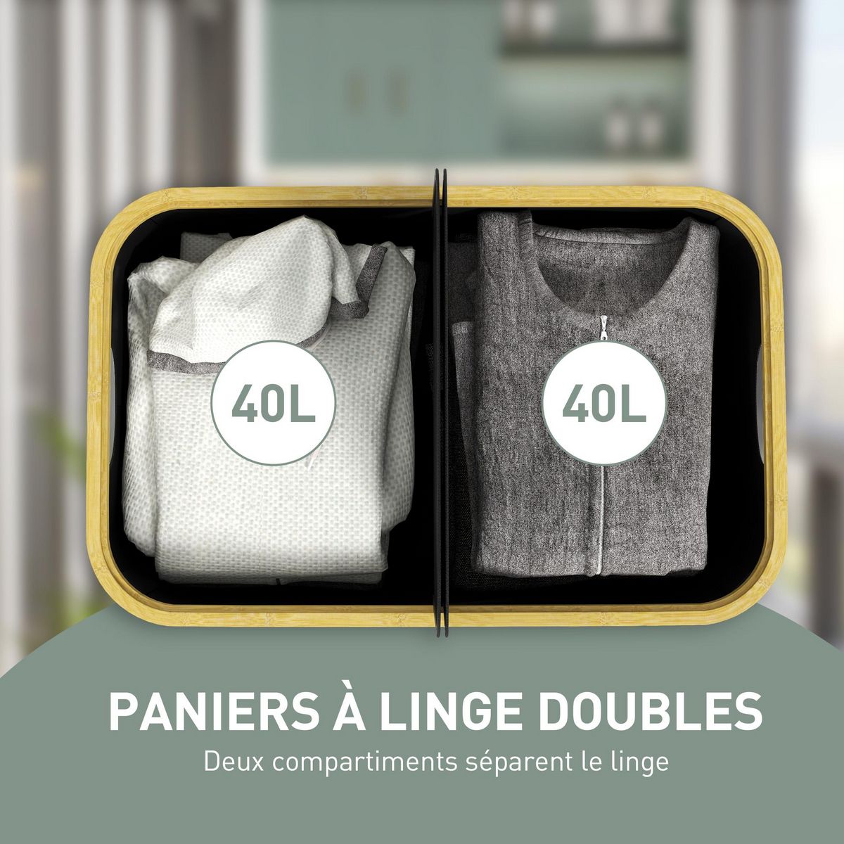 HOMCOM Panier à linge double pliable 80L - corbeille à linge sale avec couvercle et poignées - non tissé noir bambou