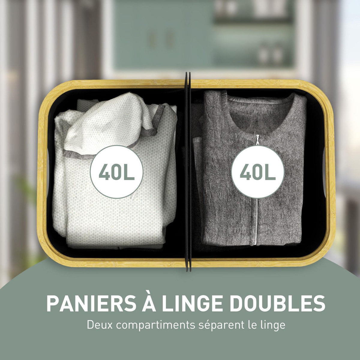 HOMCOM Panier à linge double pliable 80L - corbeille à linge sale avec couvercle et poignées - non tissé noir bambou
