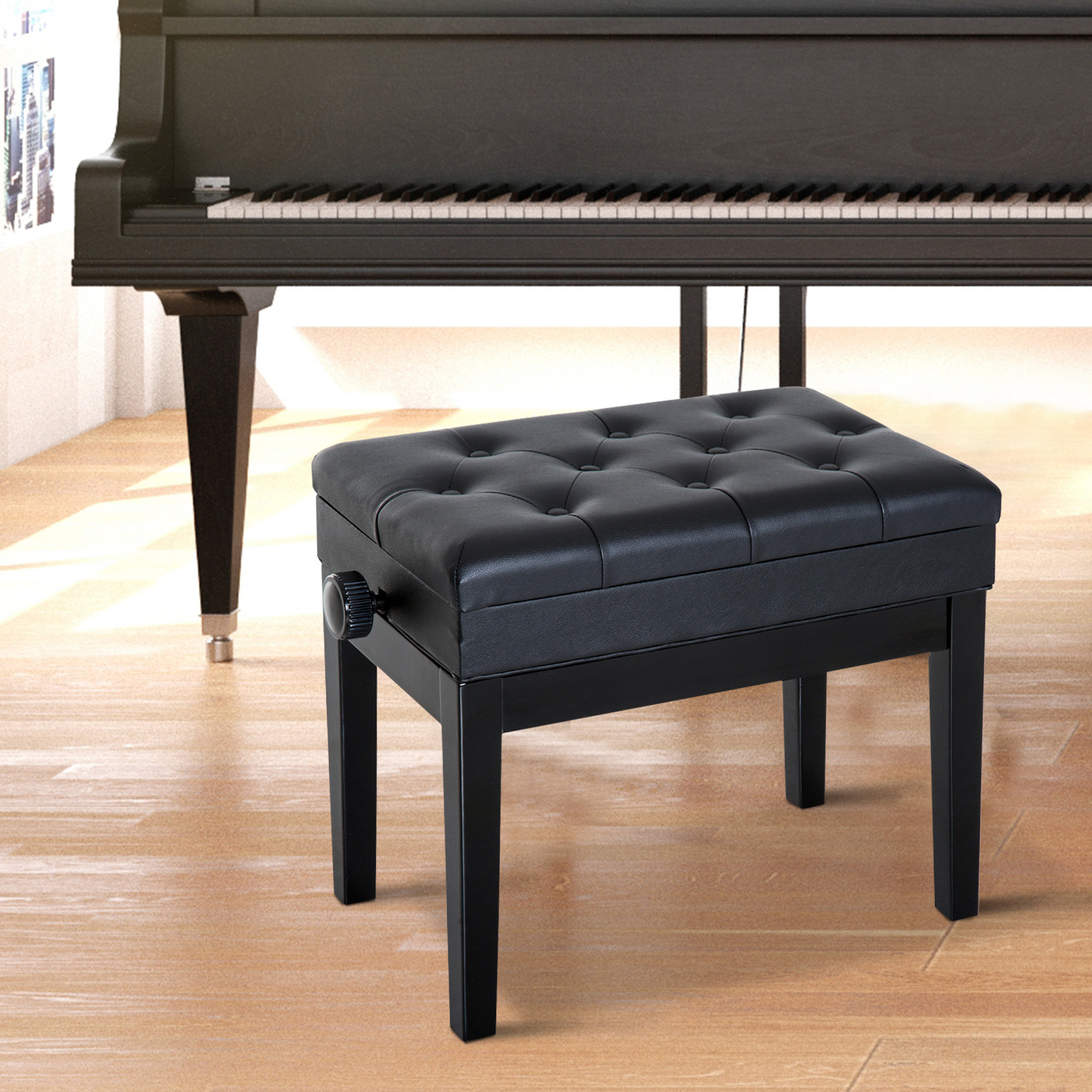 Voir la diapositive 2 : HOMCOM HOMCOM Banquette tabouret siège pour piano hauteur réglable 55L x 33l x 48-58H cm coffre de rangement interne assise revêtement synthétique capitonné bois noir
